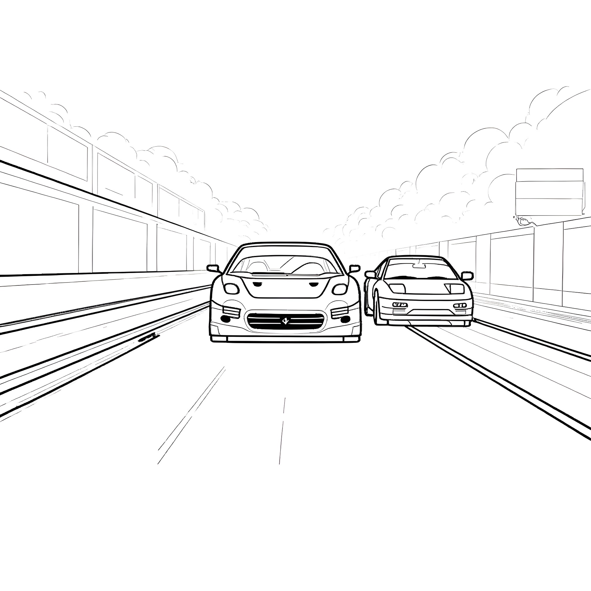 Ferrari sports cars racing on the highway Coloring Page (free black-and-white line drawing printable PDF for all, from beginners to advanced learners, including children, teens, adults, and seniors)