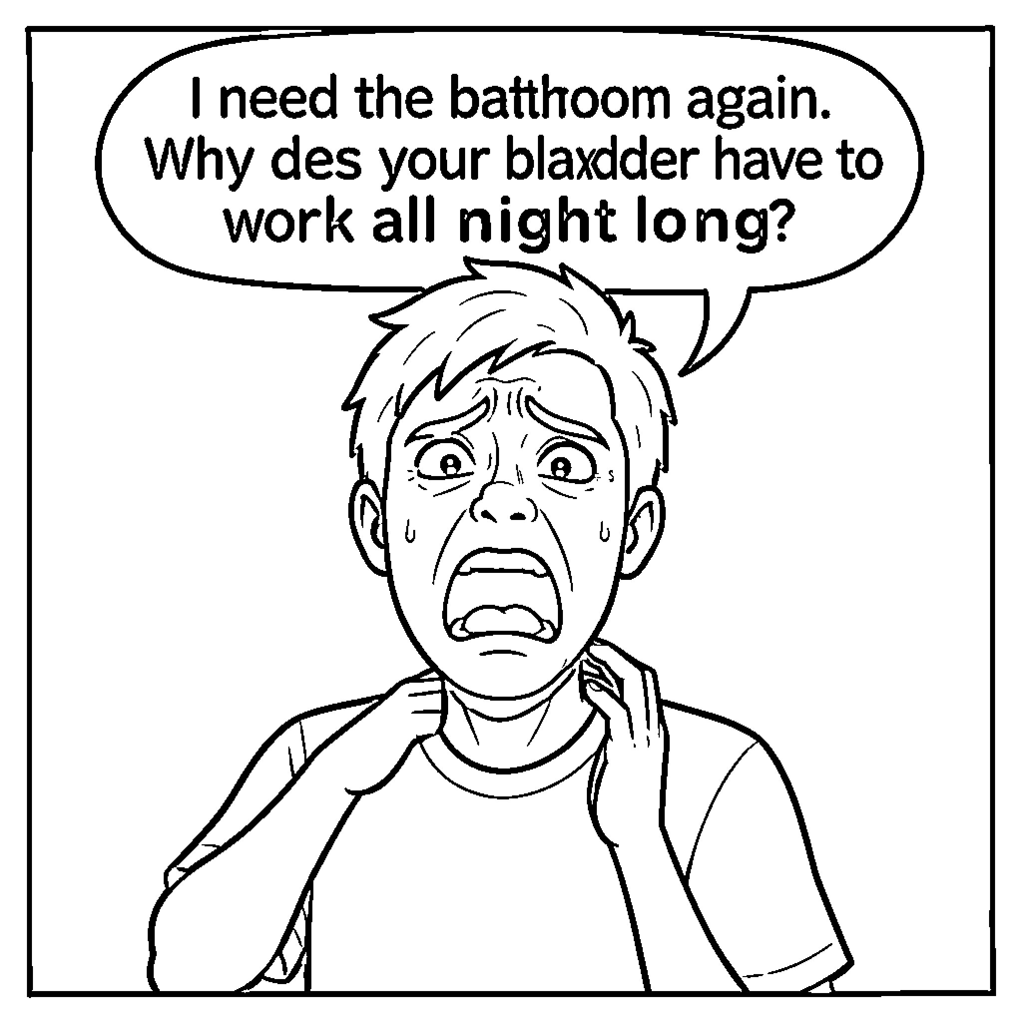 Bathroom urgency causing a boy much distress Coloring Page (free black-and-white line drawing printable PDF for all, from beginners to advanced learners, including children, teens, adults, and seniors)