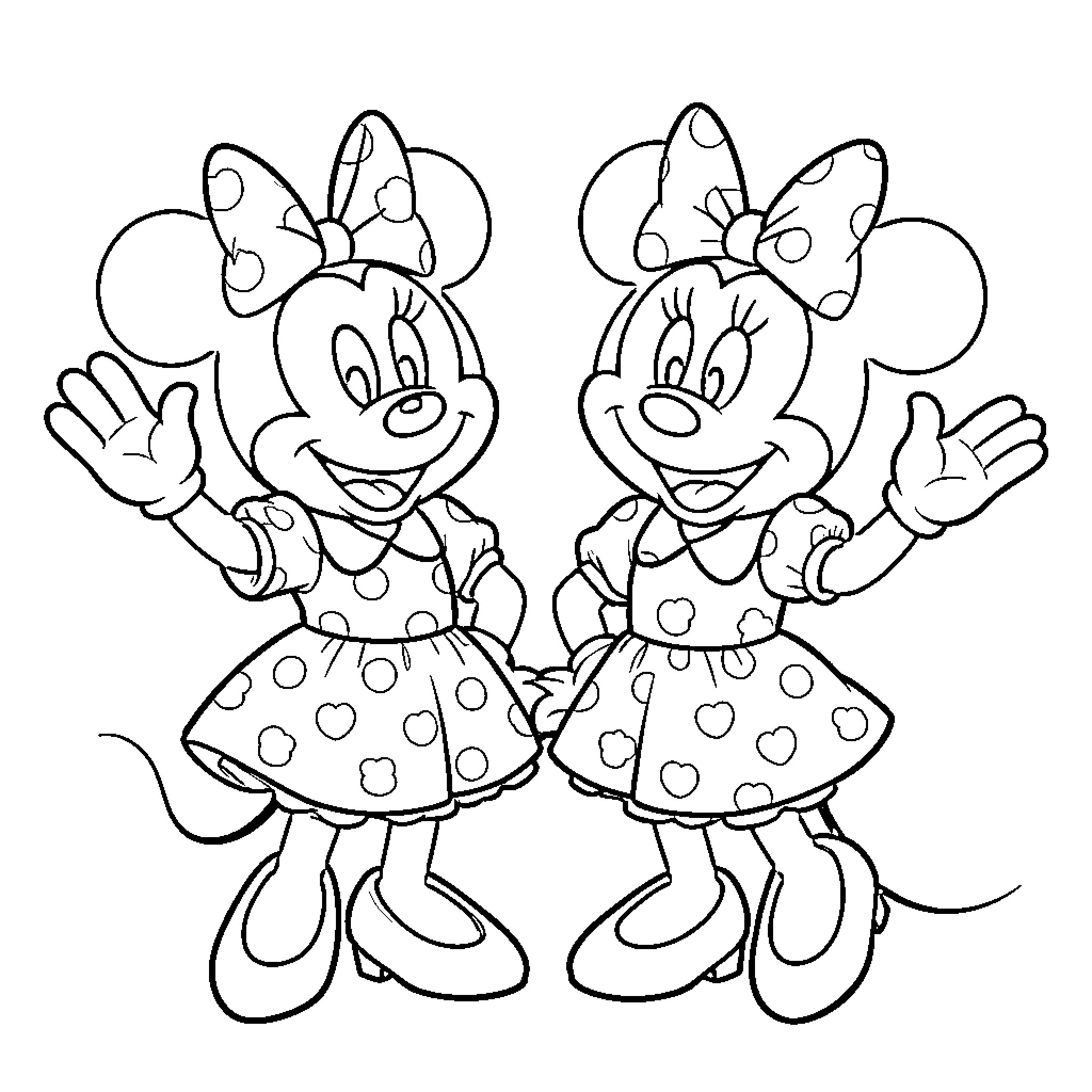 Mickey Mouse and Minnie Mouse in polka dot outfits Coloring Page (free black-and-white line drawing printable PDF for all, from beginners to advanced learners, including children, teens, adults, and seniors)