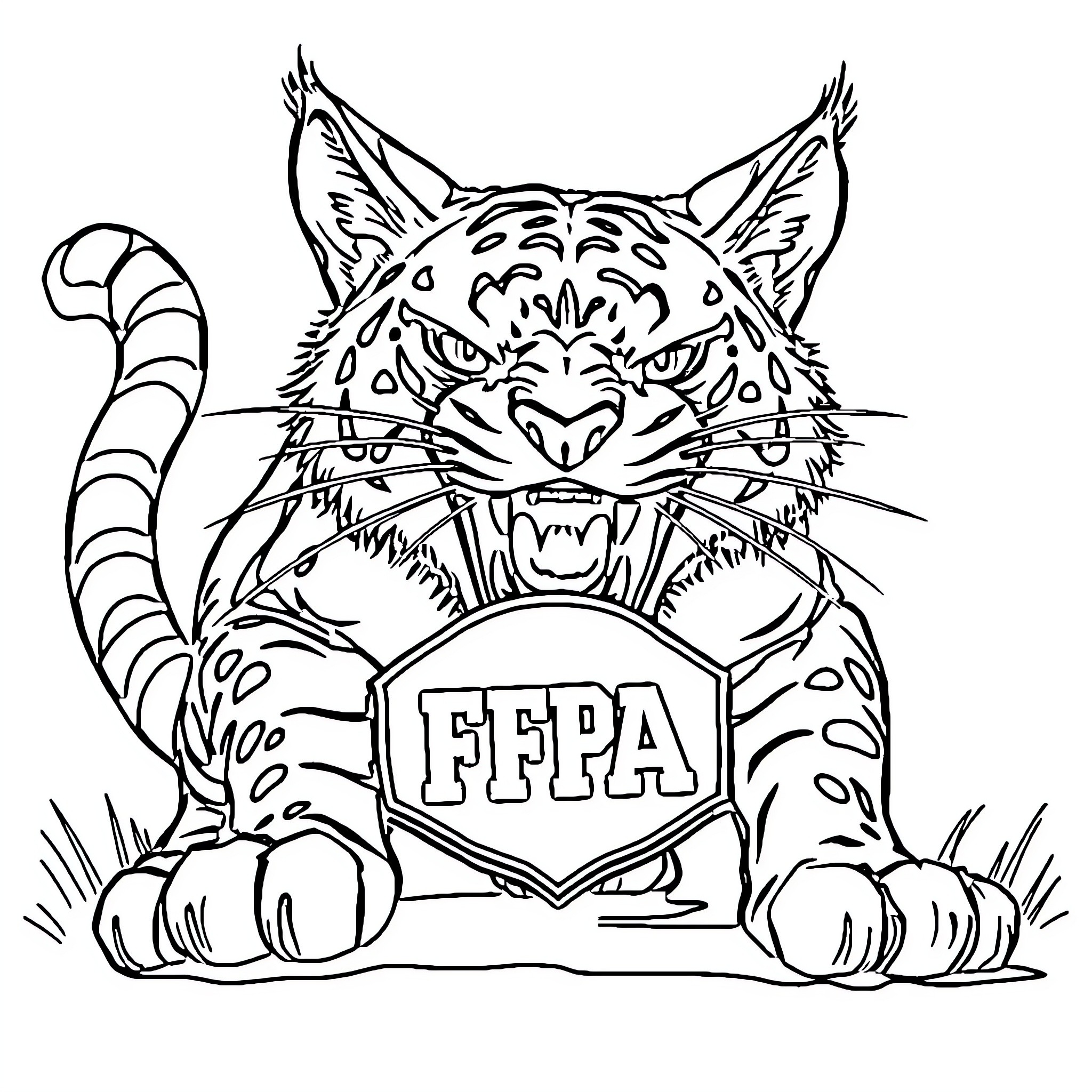 Wildcat mascot with FPPA insignia Coloring Page (free black-and-white line drawing printable PDF for all, from beginners to advanced learners, including children, teens, adults, and seniors)