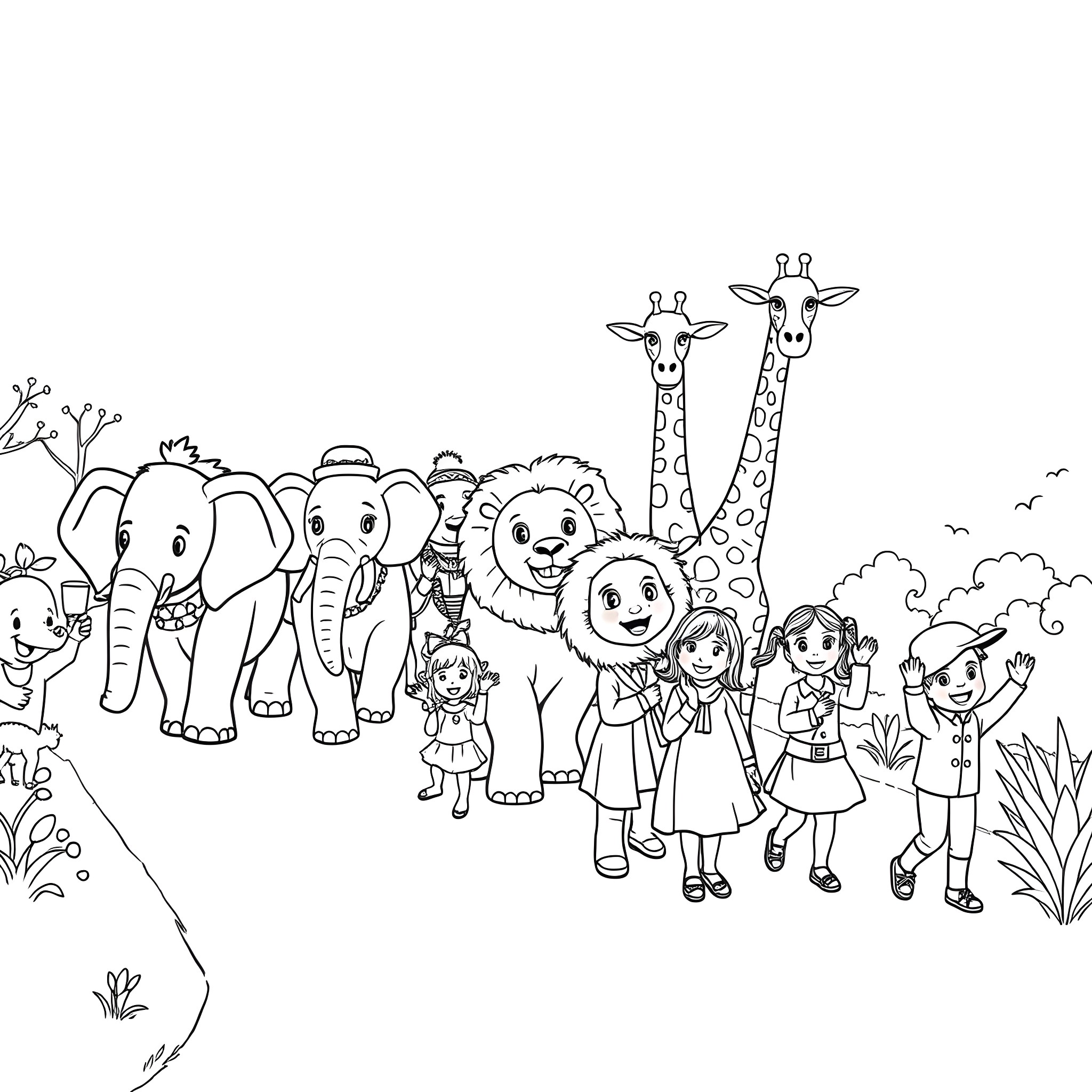 Animal friends and children exploring nature Coloring Page (free black-and-white line drawing printable PDF for all, from beginners to advanced learners, including children, teens, adults, and seniors)