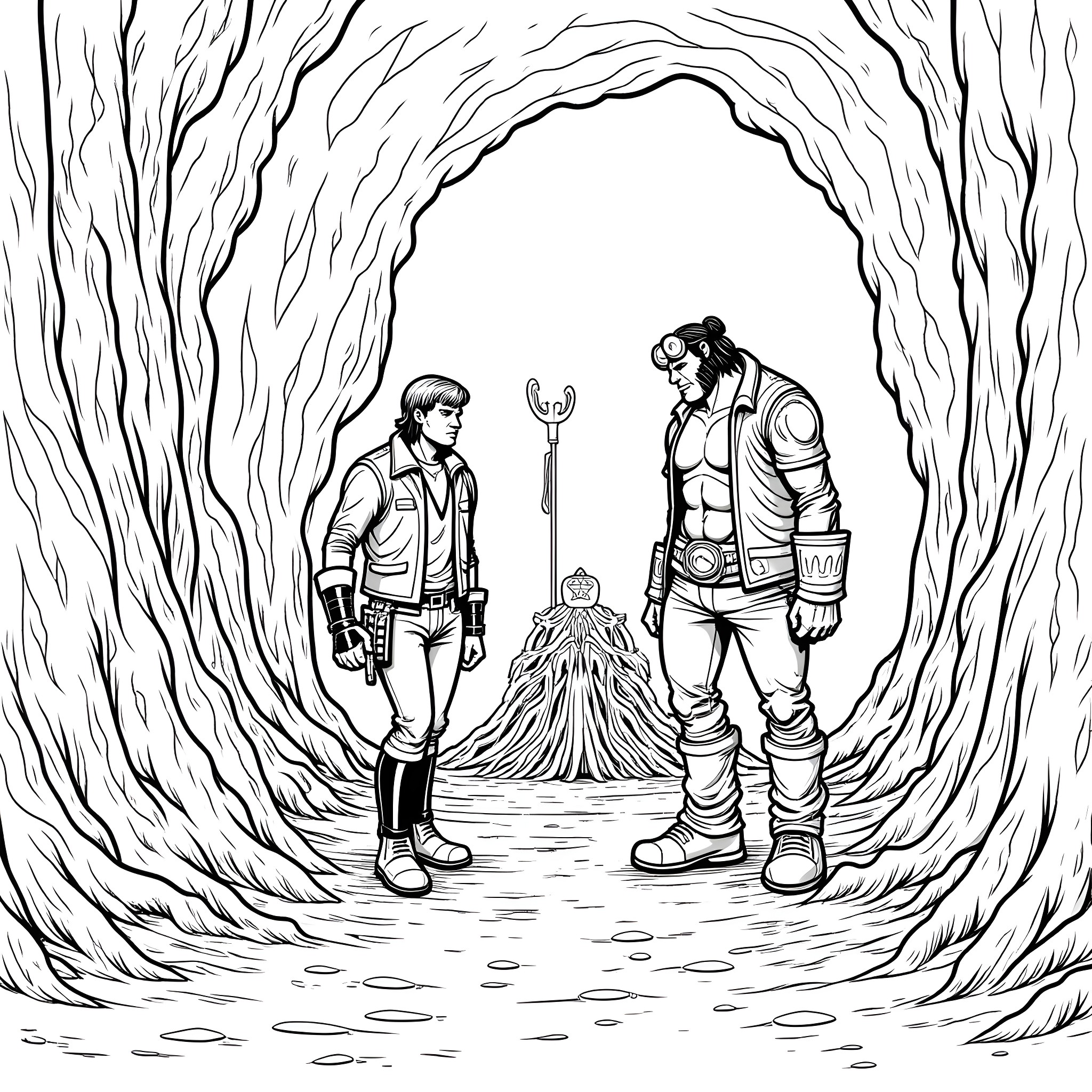 Hellboy: Confrontation in the Mystical Forest Coloring Page (free black-and-white line drawing printable PDF for all, from beginners to advanced learners, including children, teens, adults, and seniors)