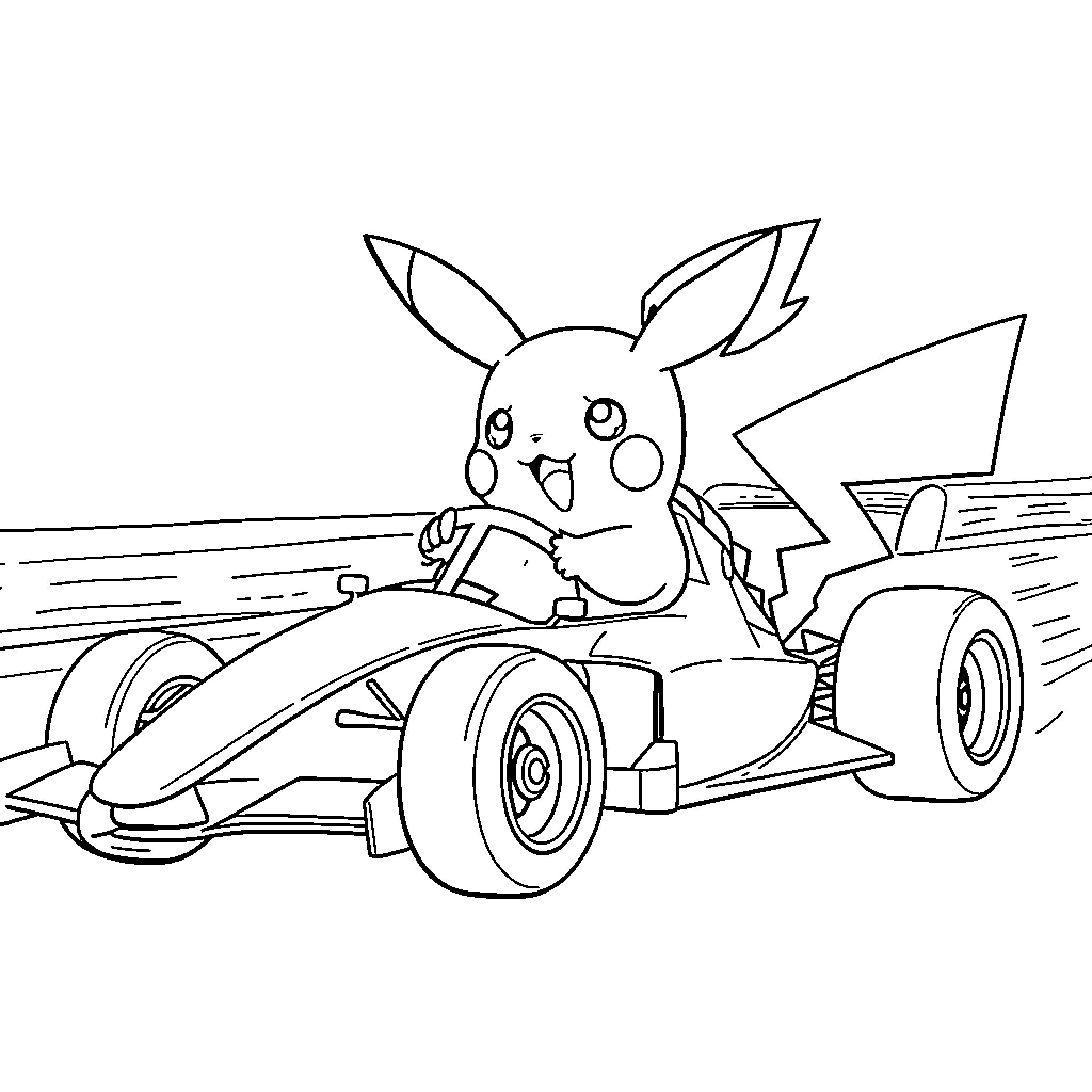 Pikachu racing in a Formula One car Coloring Page (free black-and-white line drawing printable PDF for all, from beginners to advanced learners, including children, teens, adults, and seniors)