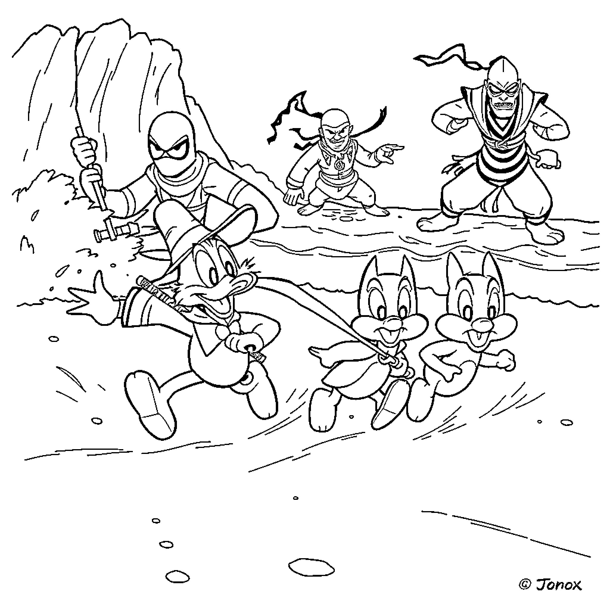 Uncle Scrooge's Lively Adventure with Cartoon Characters Coloring Page (free black-and-white line drawing printable PDF for all, from beginners to advanced learners, including children, teens, adults, and seniors)