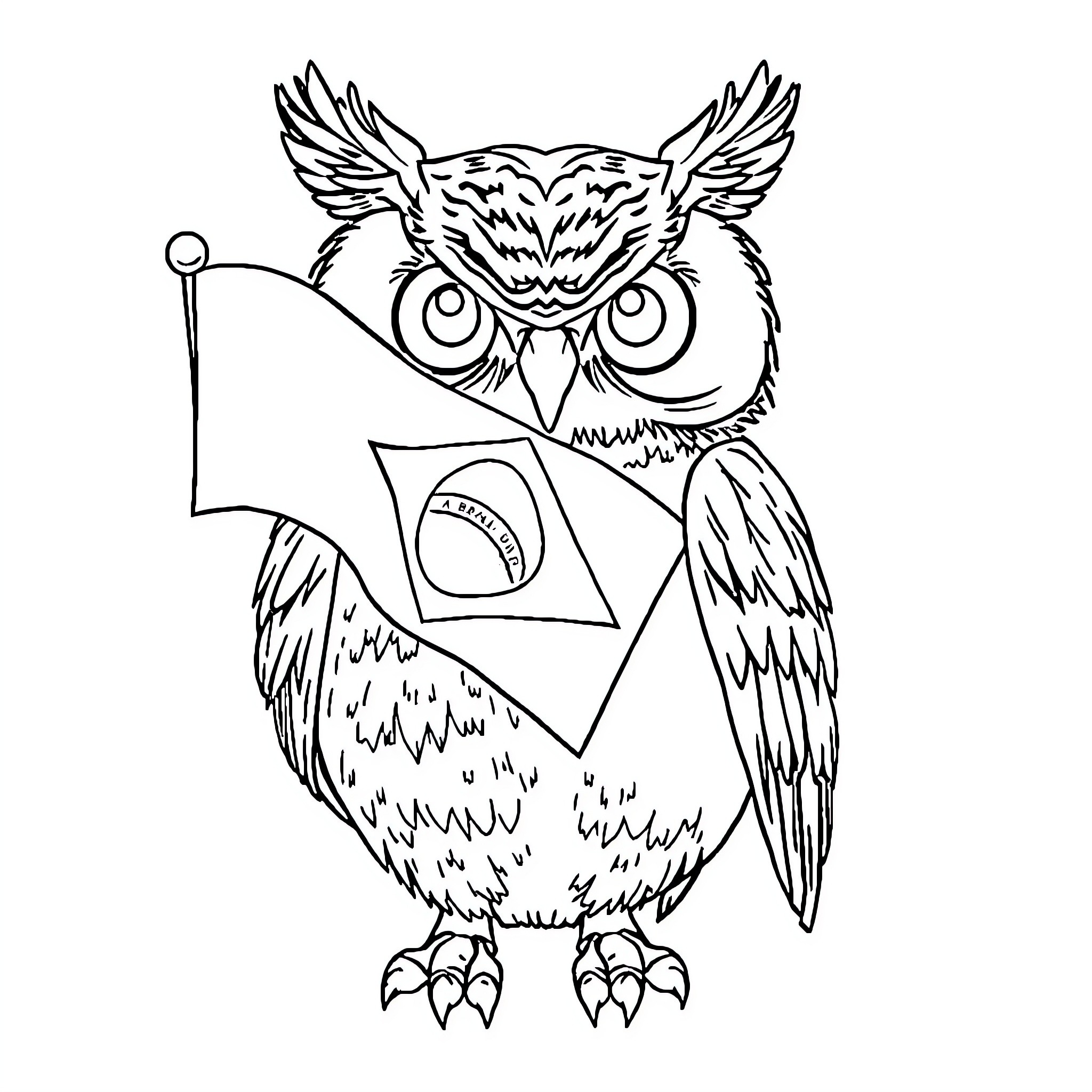 Owl holding a flag with a symbol Coloring Page (free black-and-white line drawing printable PDF for all, from beginners to advanced learners, including children, teens, adults, and seniors)