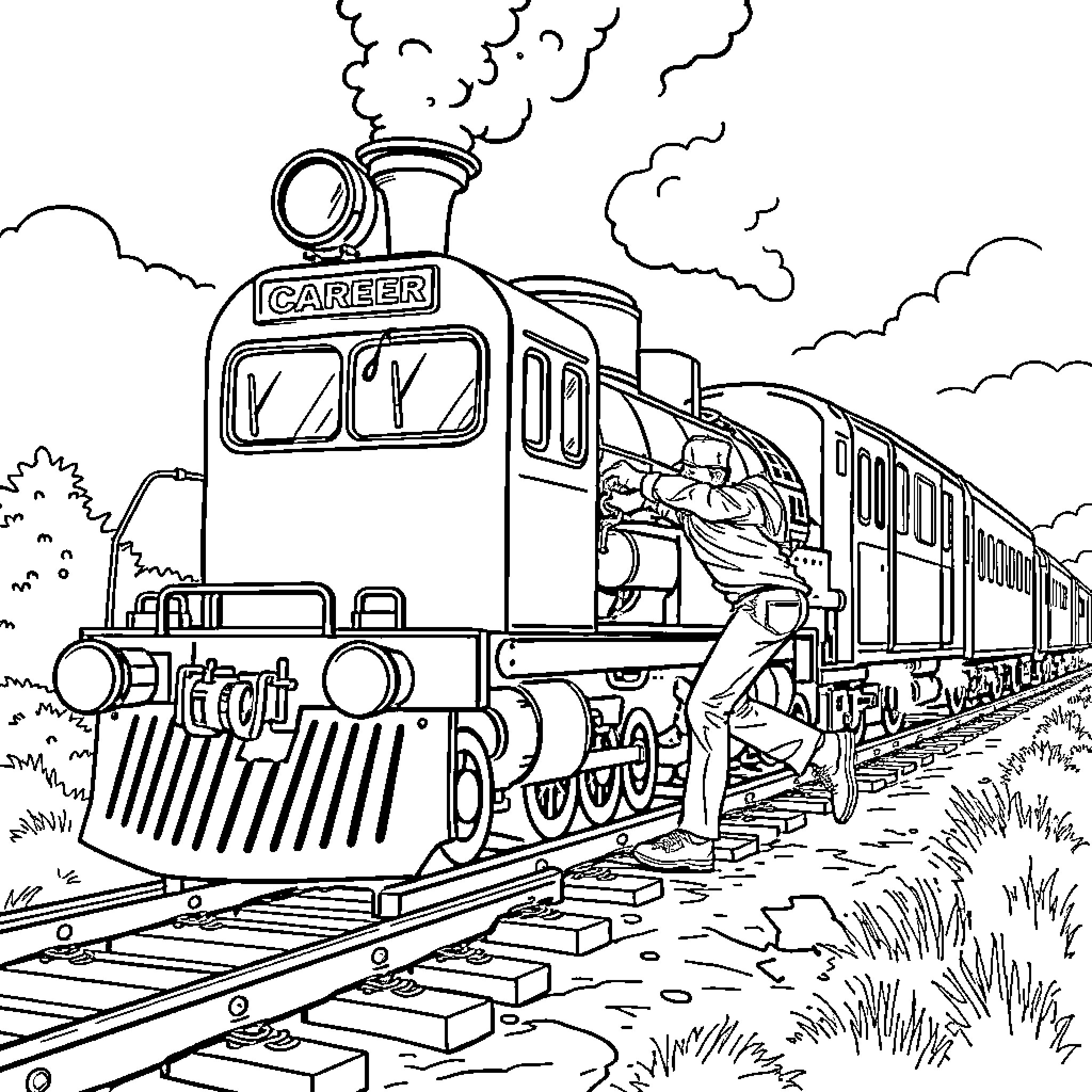 Train traveling through the countryside Coloring Page (free black-and-white line drawing printable PDF for all, from beginners to advanced learners, including children, teens, adults, and seniors)