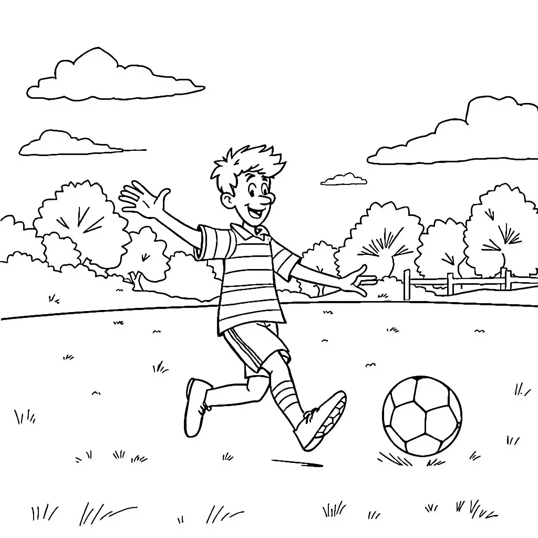 Waldo joyfully playing soccer in the park Coloring Page (free black-and-white line drawing printable PDF for all, from beginners to advanced learners, including children, teens, adults, and seniors)