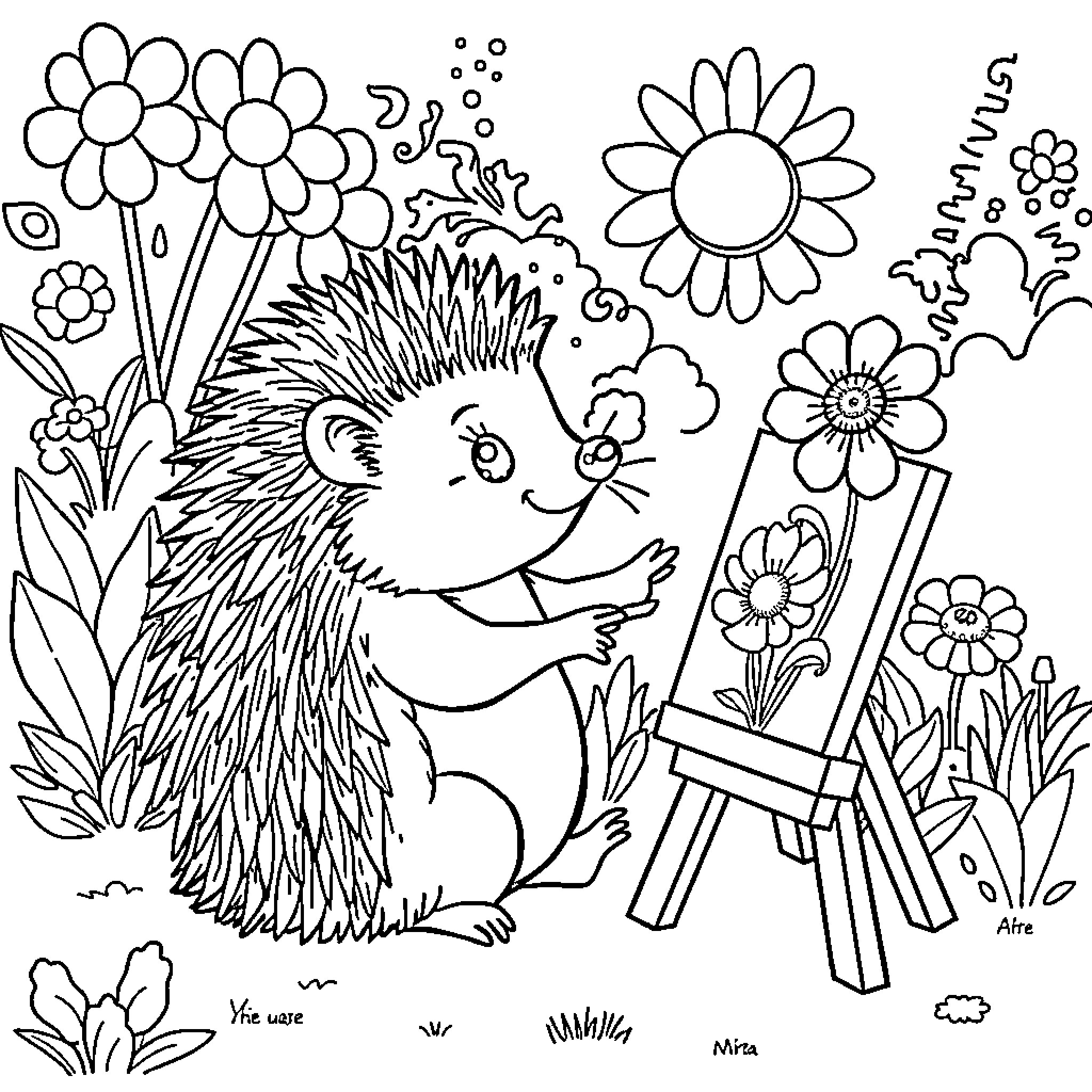Hedgehog painting flowers in a garden Coloring Page (free black-and-white line drawing printable PDF for all, from beginners to advanced learners, including children, teens, adults, and seniors)