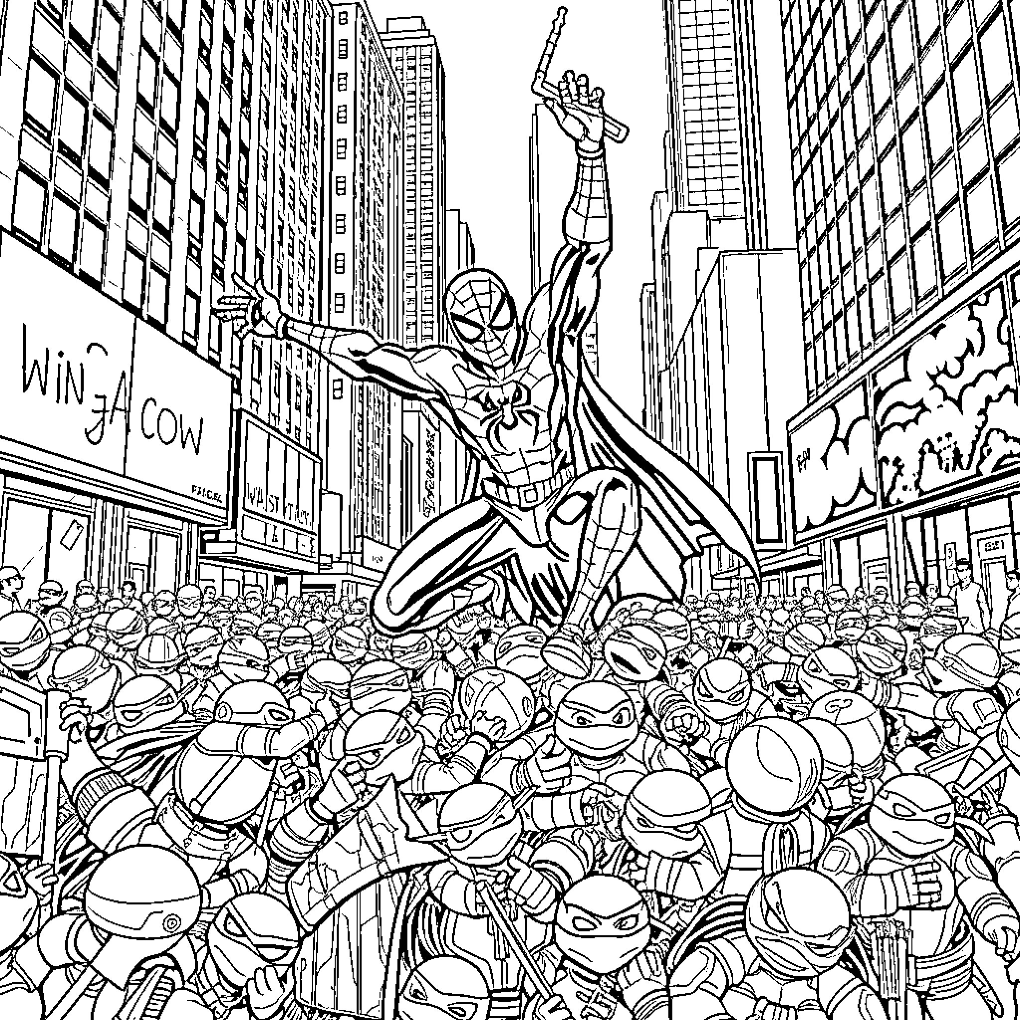 Spiderman Swings Through a Crowded City Street Coloring Page (free black-and-white line drawing printable PDF for all, from beginners to advanced learners, including children, teens, adults, and seniors)