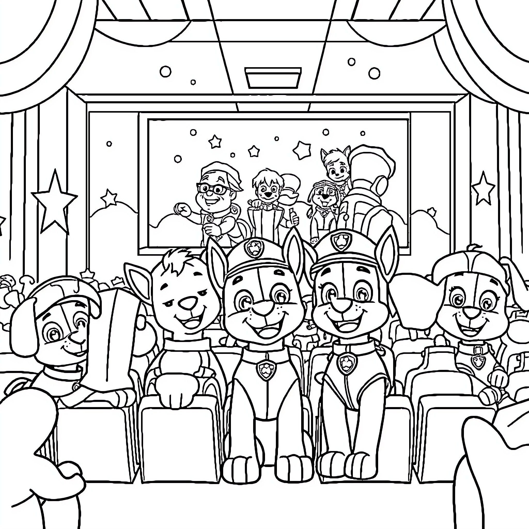 Paw Patrol characters in a stage performance Coloring Page (free black-and-white line drawing printable PDF for all, from beginners to advanced learners, including children, teens, adults, and seniors)