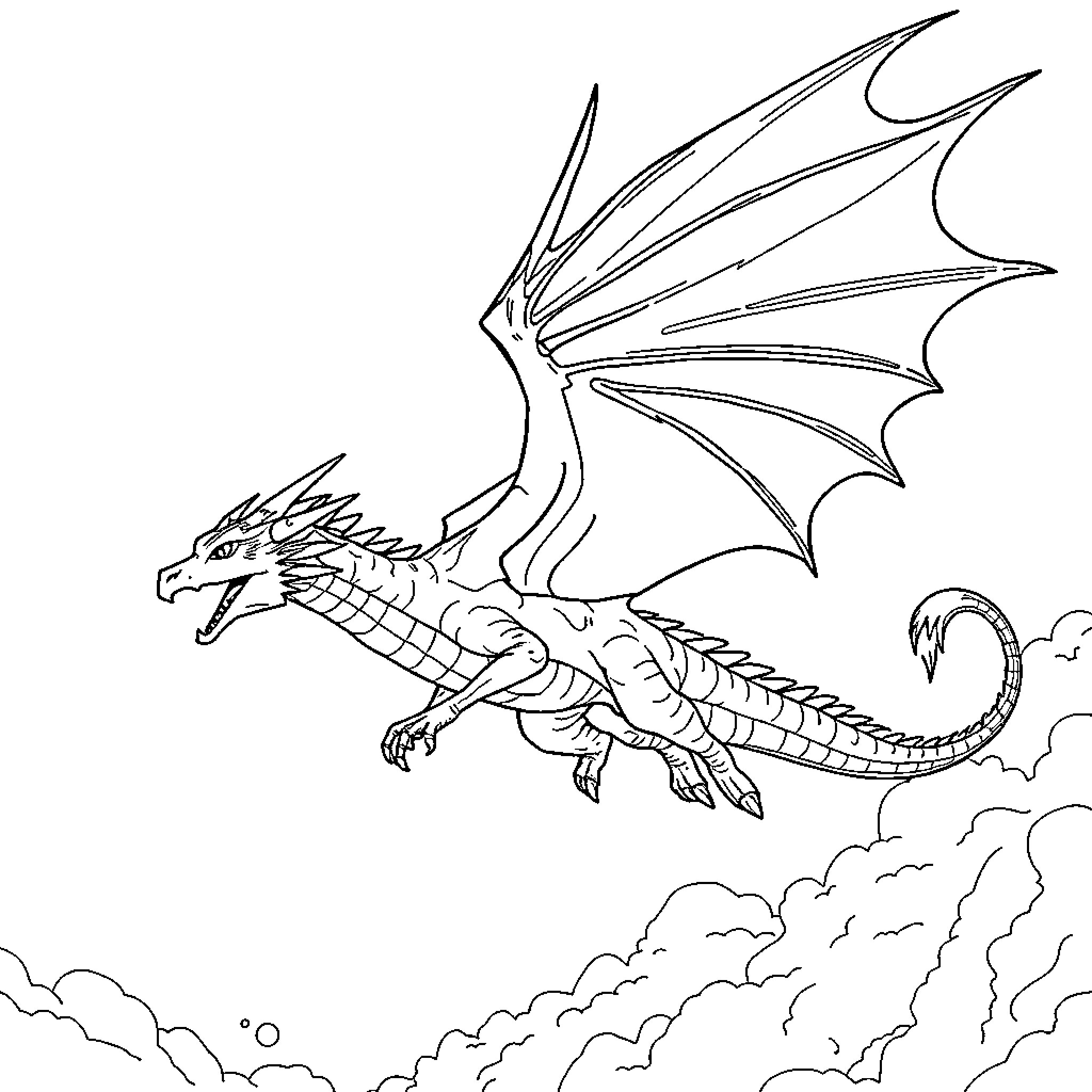 Dragon soaring through the cloudy skies Coloring Page (free black-and-white line drawing printable PDF for all, from beginners to advanced learners, including children, teens, adults, and seniors)