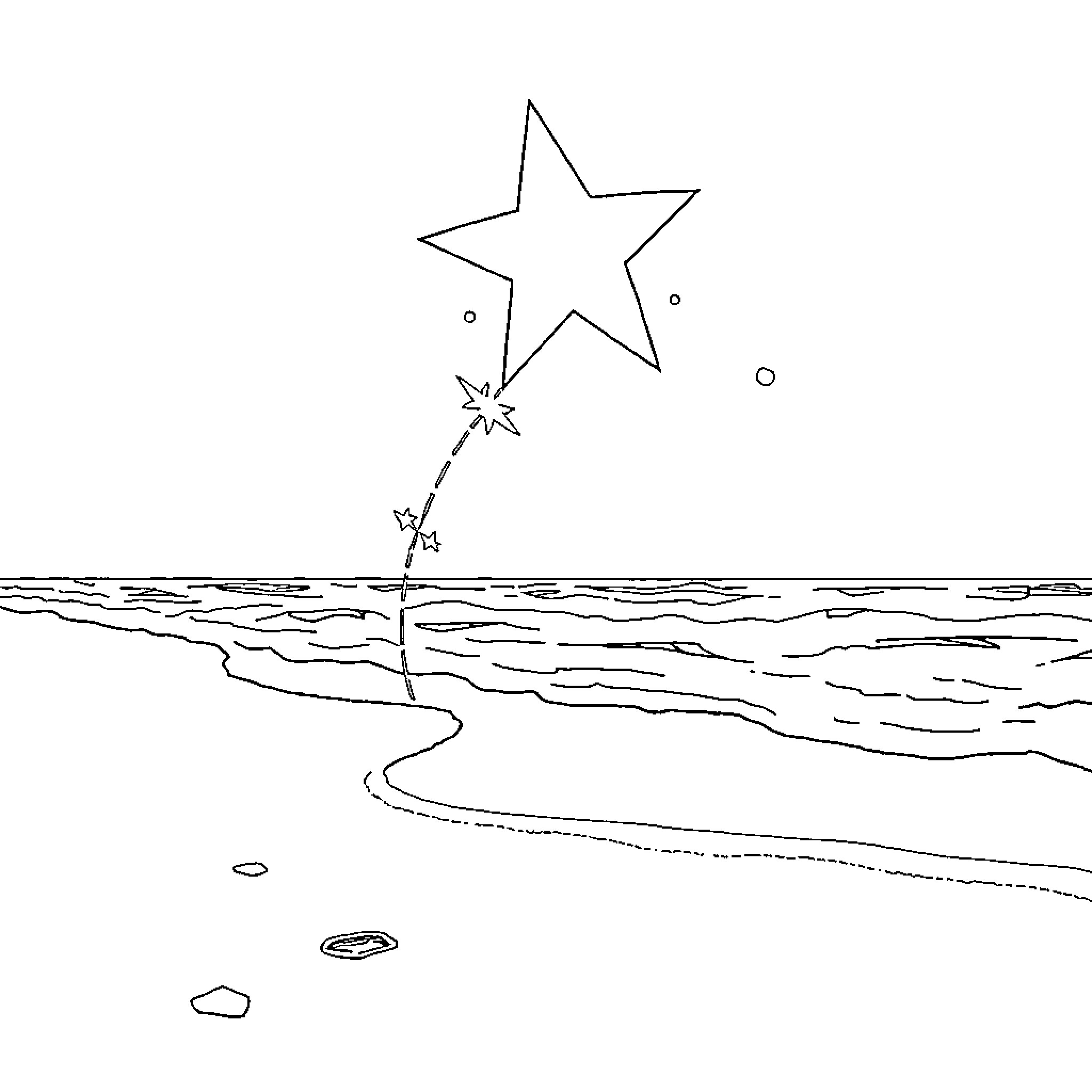 Sparkle stars over serene beach landscape Coloring Page (free black-and-white line drawing printable PDF for all, from beginners to advanced learners, including children, teens, adults, and seniors)