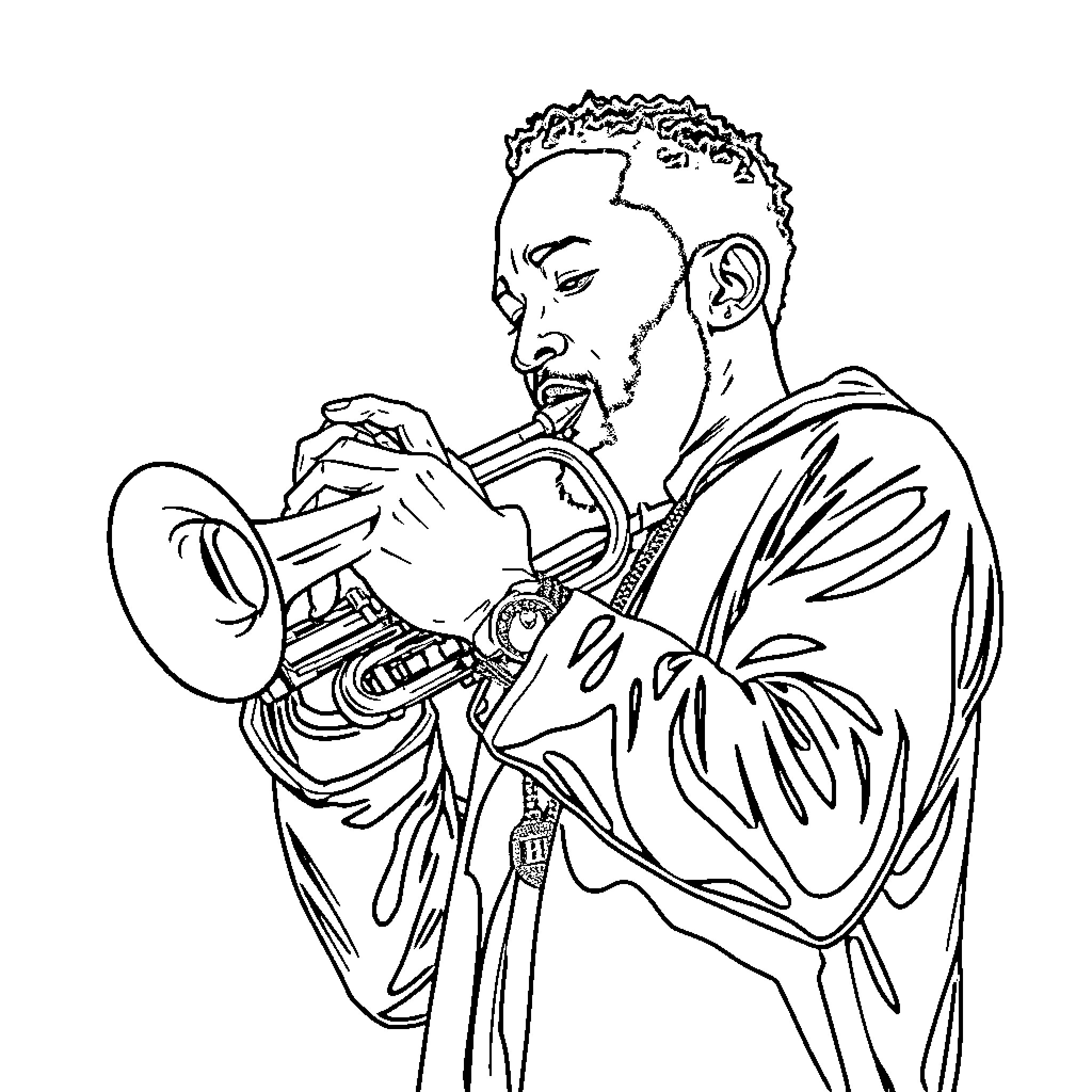 Kendrick Lamar performing with a trumpet Coloring Page (free black-and-white line drawing printable PDF for all, from beginners to advanced learners, including children, teens, adults, and seniors)