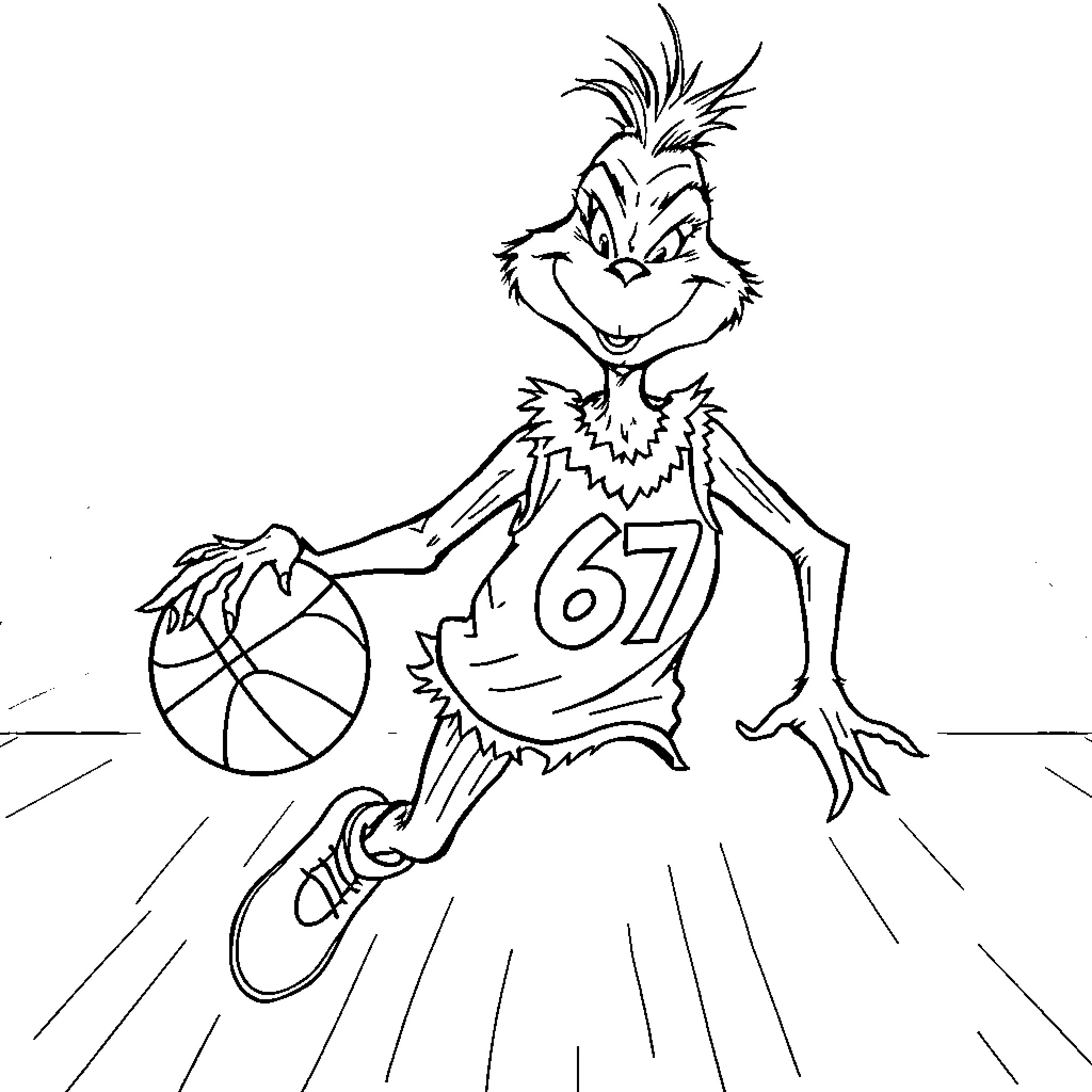 Grinch playing with basketball on court Coloring Page (free black-and-white line drawing printable PDF for all, from beginners to advanced learners, including children, teens, adults, and seniors)