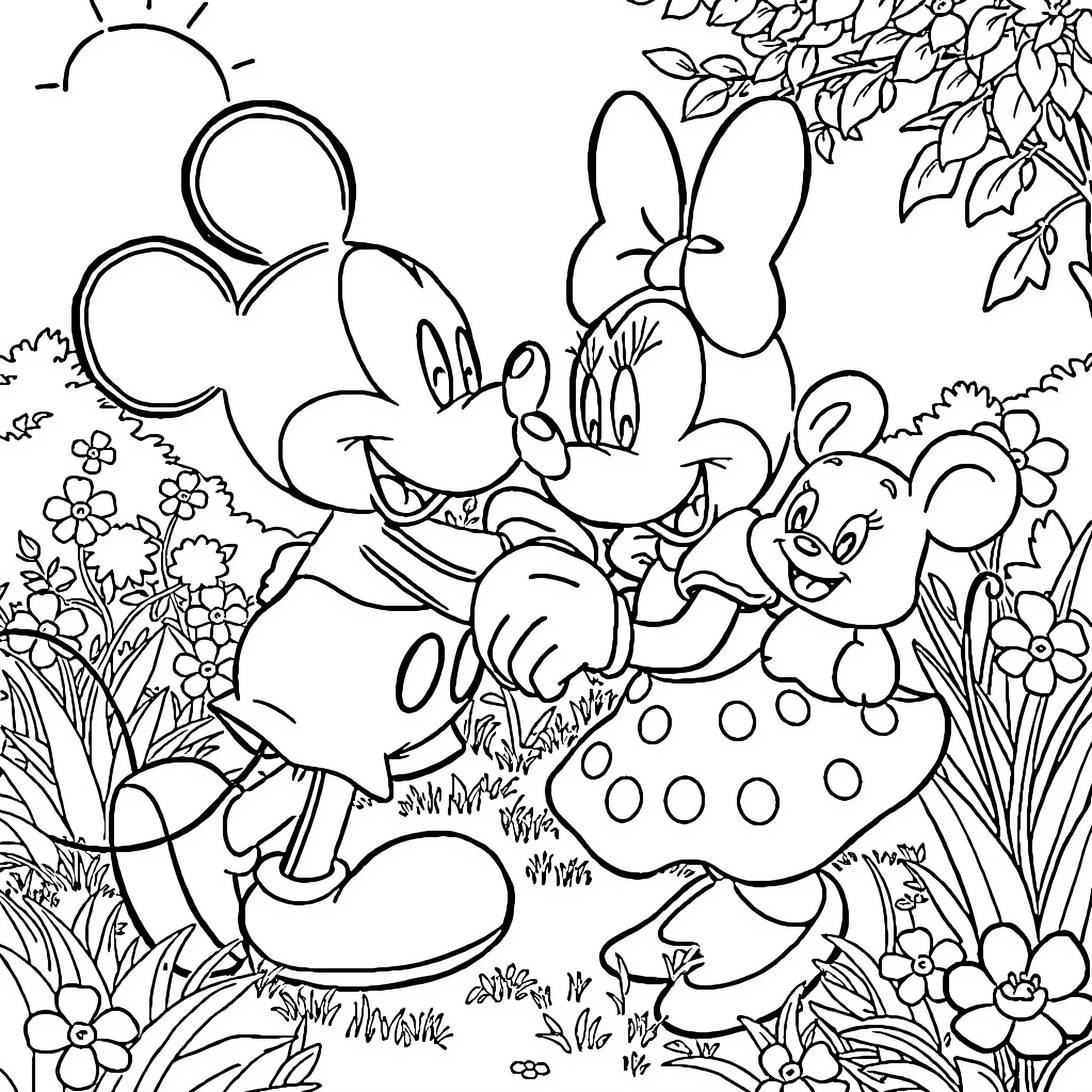 Mickey and Minnie in a Floral Garden Coloring Page (free black-and-white line drawing printable PDF for all, from beginners to advanced learners, including children, teens, adults, and seniors)