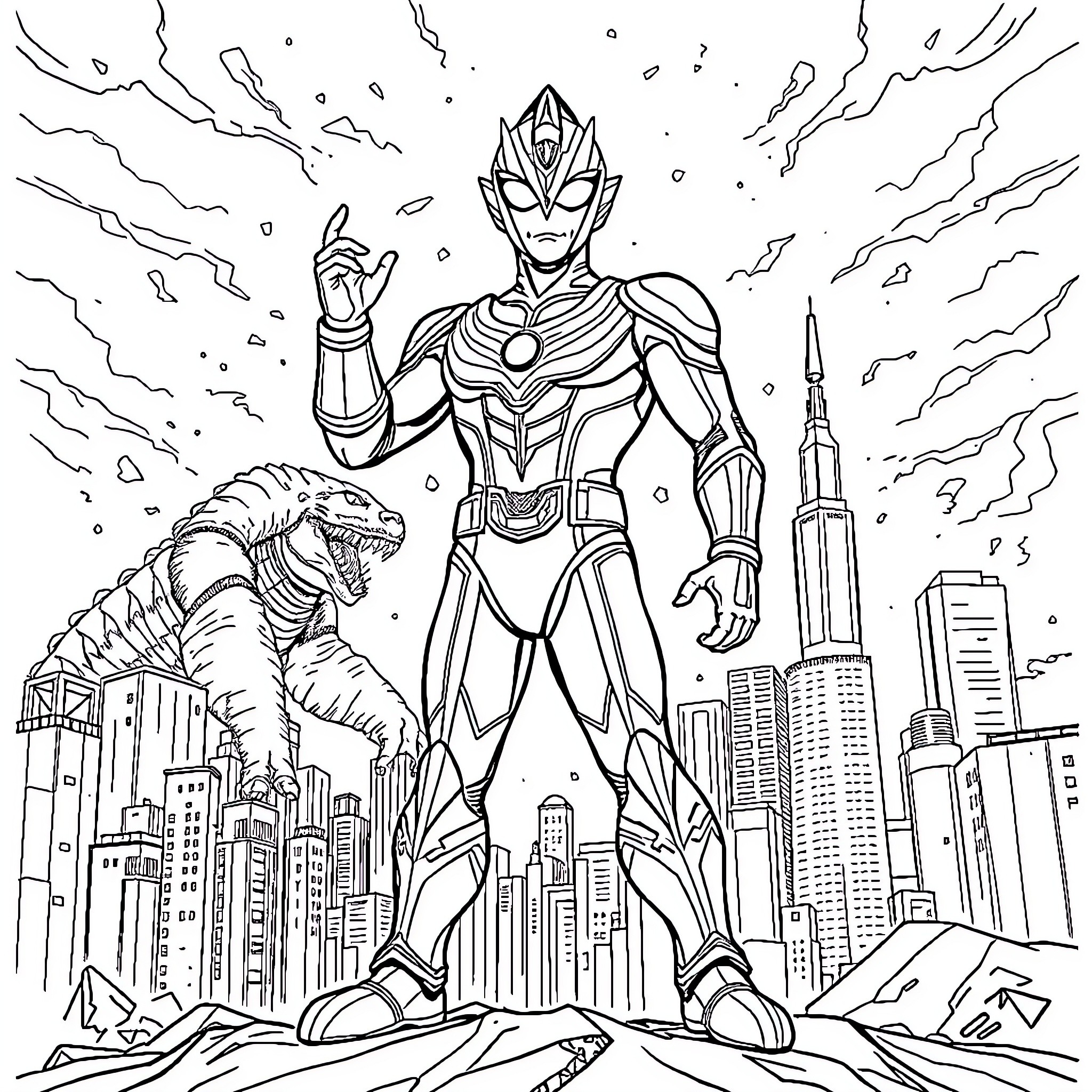 Ultraman Battles City Monsters with Power Coloring Page (free black-and-white line drawing printable PDF for all, from beginners to advanced learners, including children, teens, adults, and seniors)