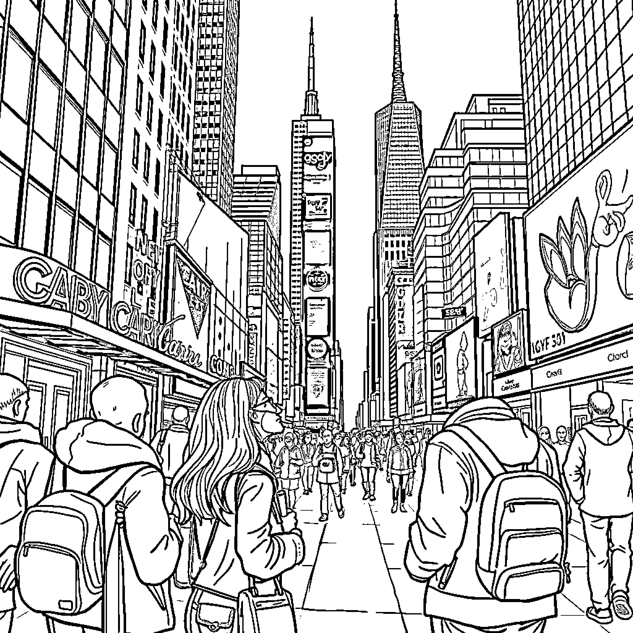 Gaby's Journey through the Vibrant City Streets Coloring Page (free black-and-white line drawing printable PDF for all, from beginners to advanced learners, including children, teens, adults, and seniors)
