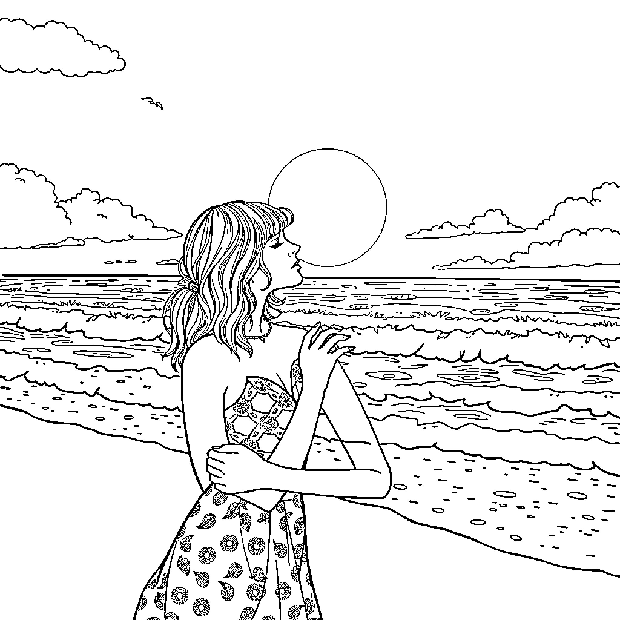 Taylor Swift enjoys tranquil beach scene Coloring Page (free black-and-white line drawing printable PDF for all, from beginners to advanced learners, including children, teens, adults, and seniors)