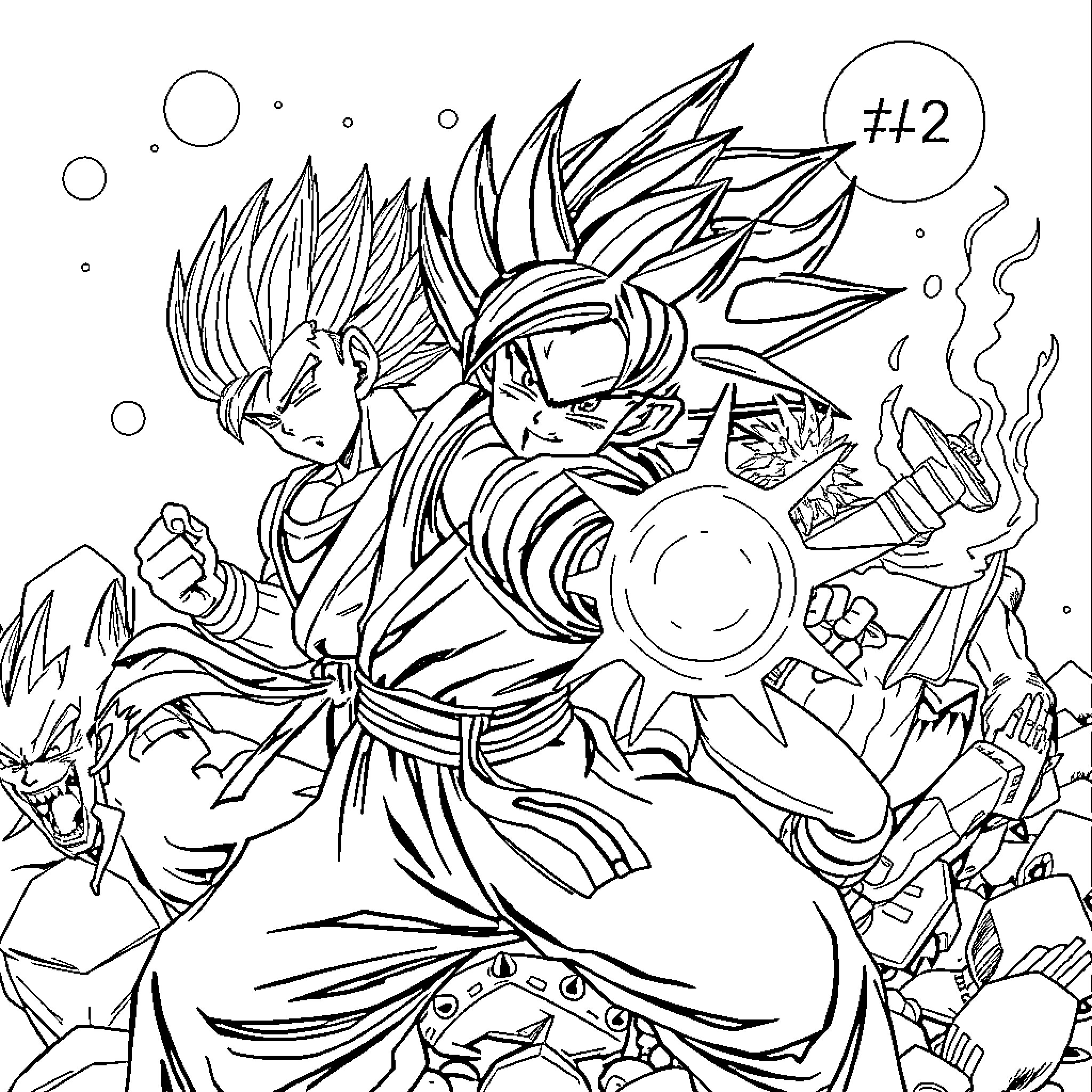 Dragon Ball Z - Powerful Warrior's Intense Battle Coloring Page (free black-and-white line drawing printable PDF for all, from beginners to advanced learners, including children, teens, adults, and seniors)
