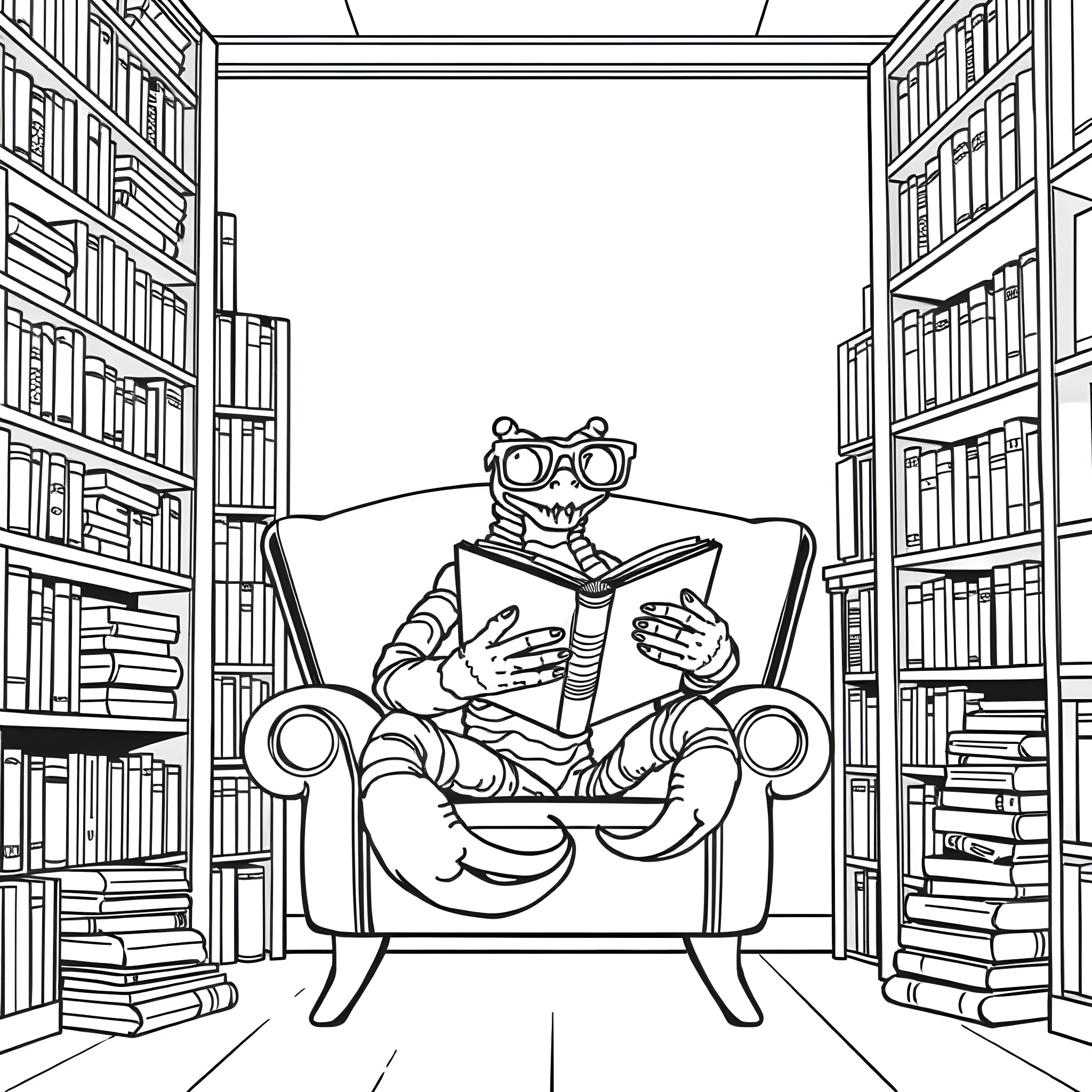 Scorpion reading intently in the library Coloring Page (free black-and-white line drawing printable PDF for all, from beginners to advanced learners, including children, teens, adults, and seniors)