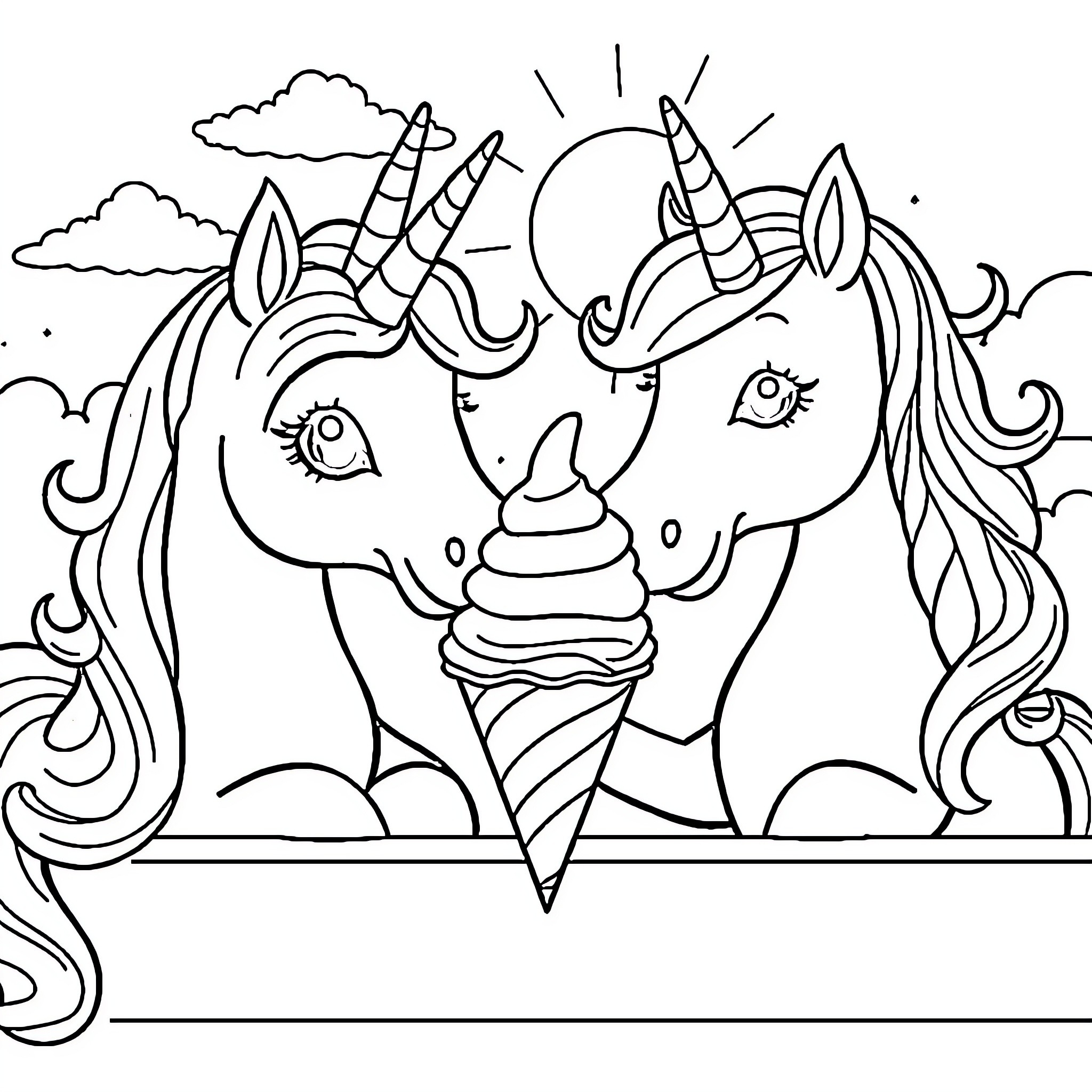 Unicorn Unicorns Sharing a Magical Ice Cream Treat Coloring Page (free black-and-white line drawing printable PDF for all, from beginners to advanced learners, including children, teens, adults, and seniors)