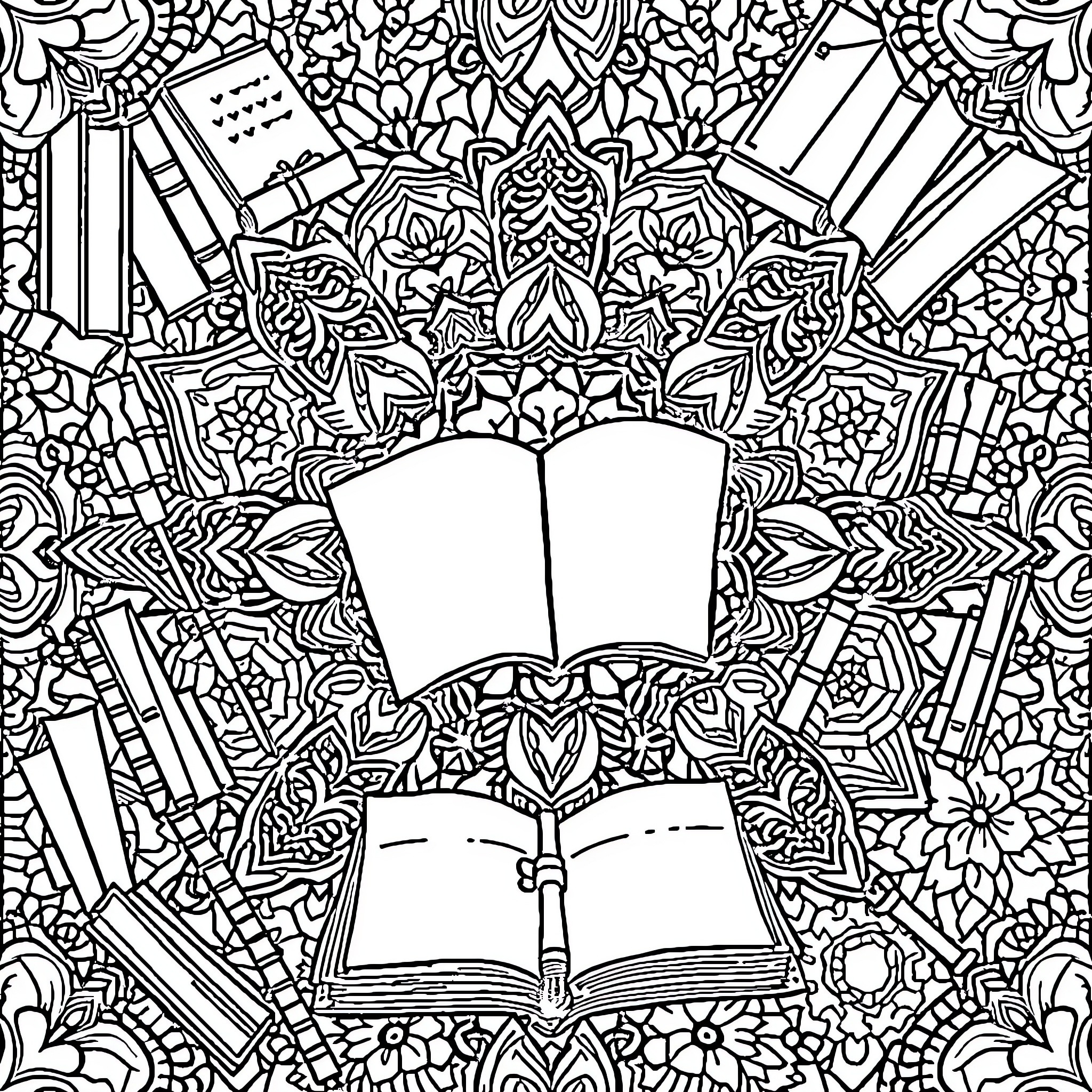 Mandala of Open Books and Flowers Coloring Page (free black-and-white line drawing printable PDF for all, from beginners to advanced learners, including children, teens, adults, and seniors)