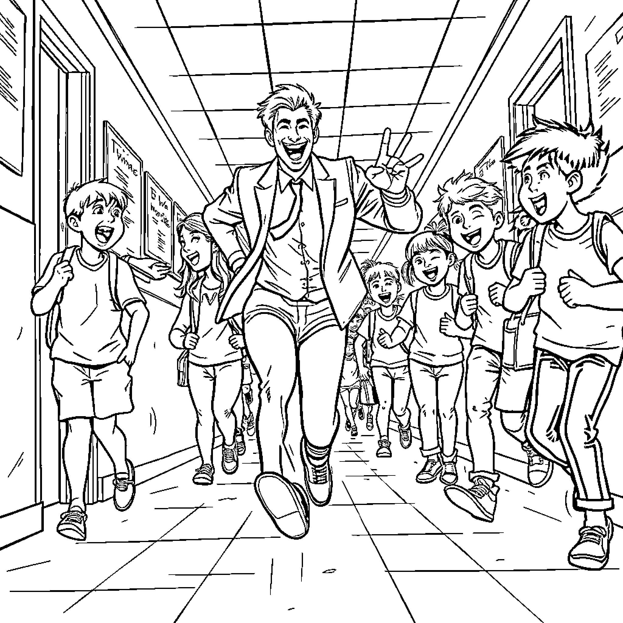 Teacher leading joyful students in school hallway Coloring Page (free black-and-white line drawing printable PDF for all, from beginners to advanced learners, including children, teens, adults, and seniors)