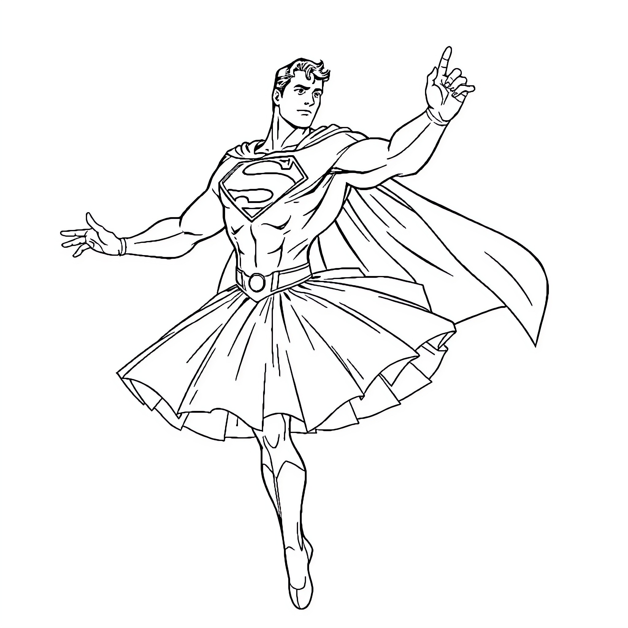 Superman leaping in heroic pose Coloring Page (free black-and-white line drawing printable PDF for all, from beginners to advanced learners, including children, teens, adults, and seniors)