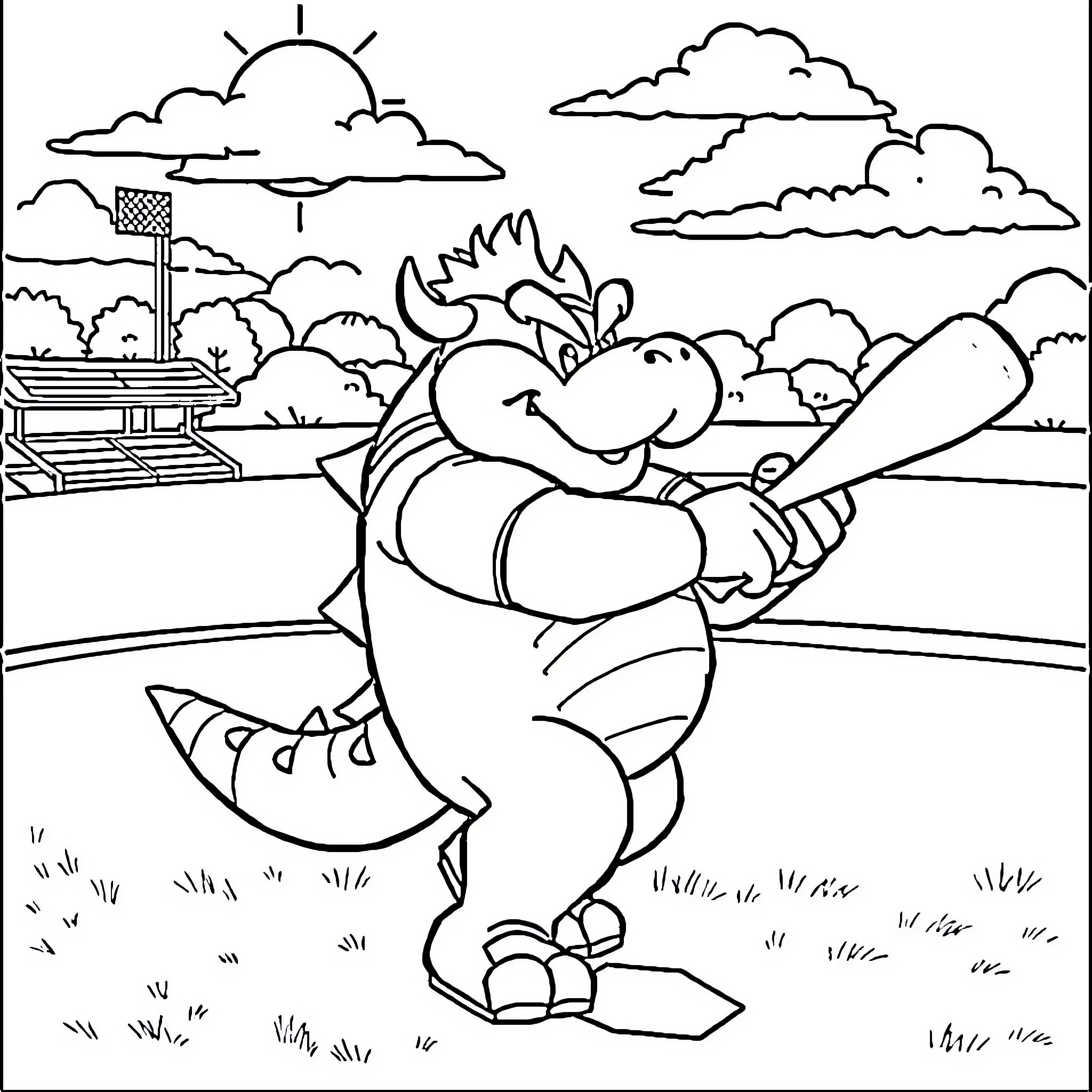 Bowser playing baseball on the field Coloring Page (free black-and-white line drawing printable PDF for all, from beginners to advanced learners, including children, teens, adults, and seniors)