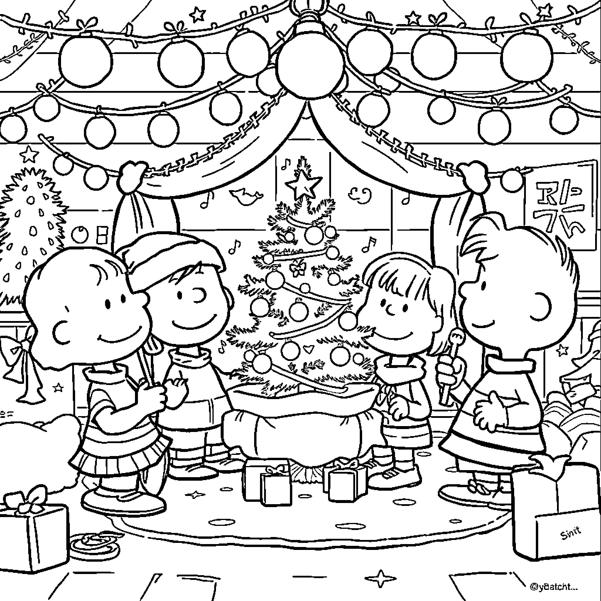 Charlie Brown and Friends Celebrate Christmas Together Coloring Page (free black-and-white line drawing printable PDF for all, from beginners to advanced learners, including children, teens, adults, and seniors)
