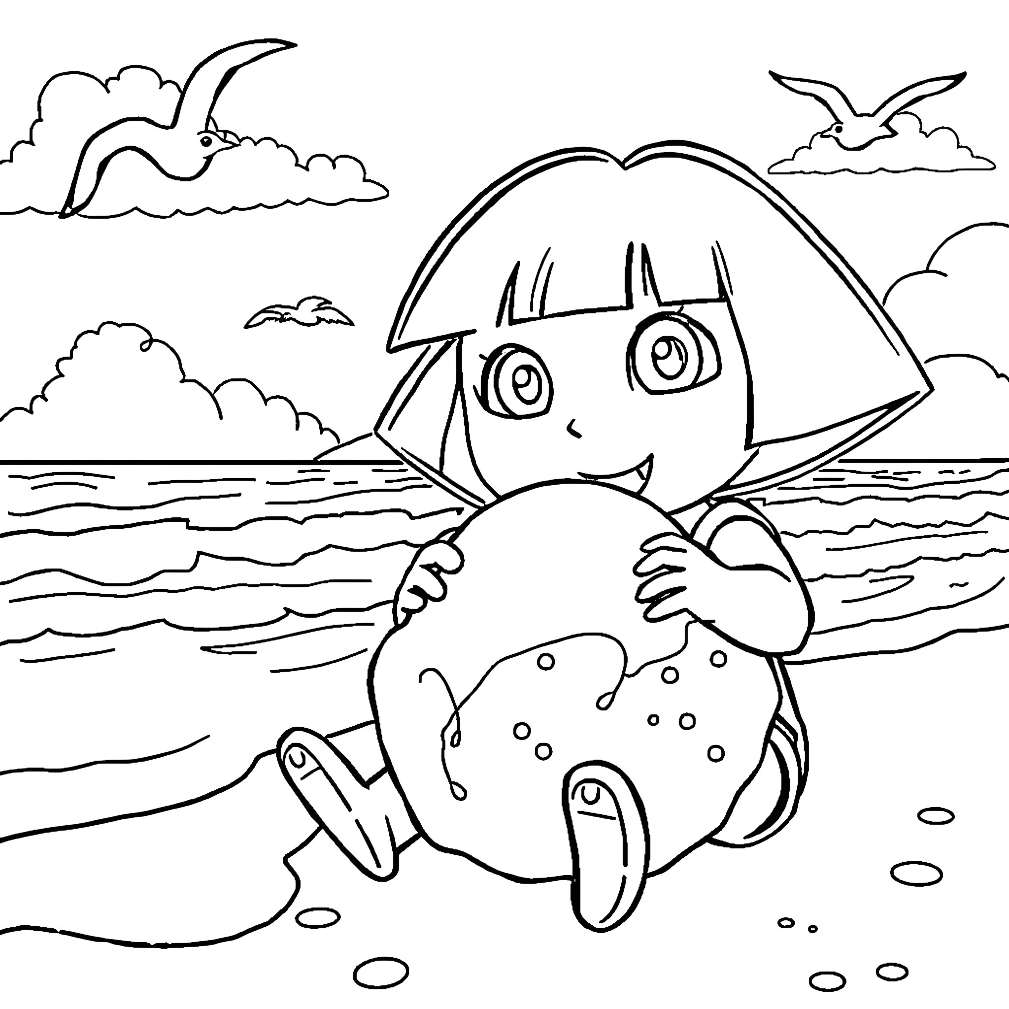 Dora exploring the seashore and ocean Coloring Page (free black-and-white line drawing printable PDF for all, from beginners to advanced learners, including children, teens, adults, and seniors)