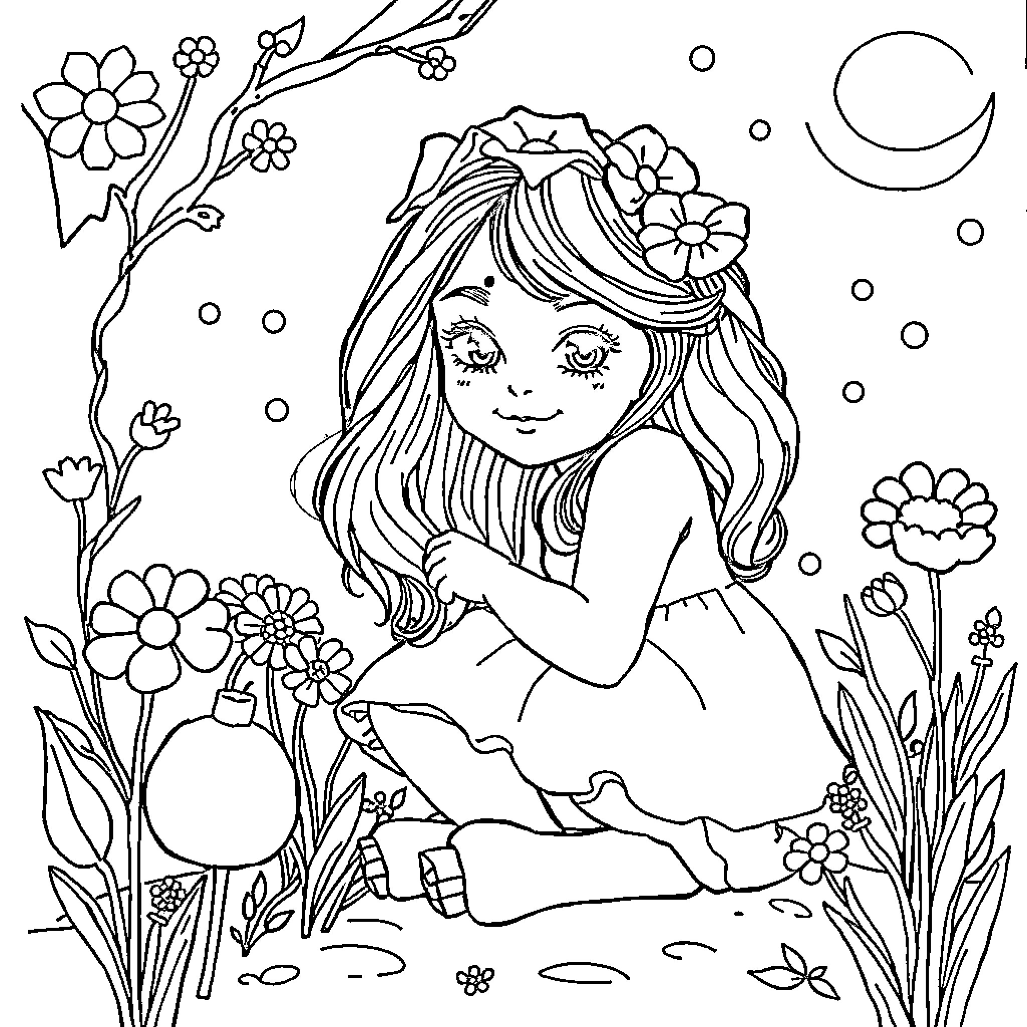 Girl with Floral Crown in Whimsical Garden Coloring Page (free black-and-white line drawing printable PDF for all, from beginners to advanced learners, including children, teens, adults, and seniors)