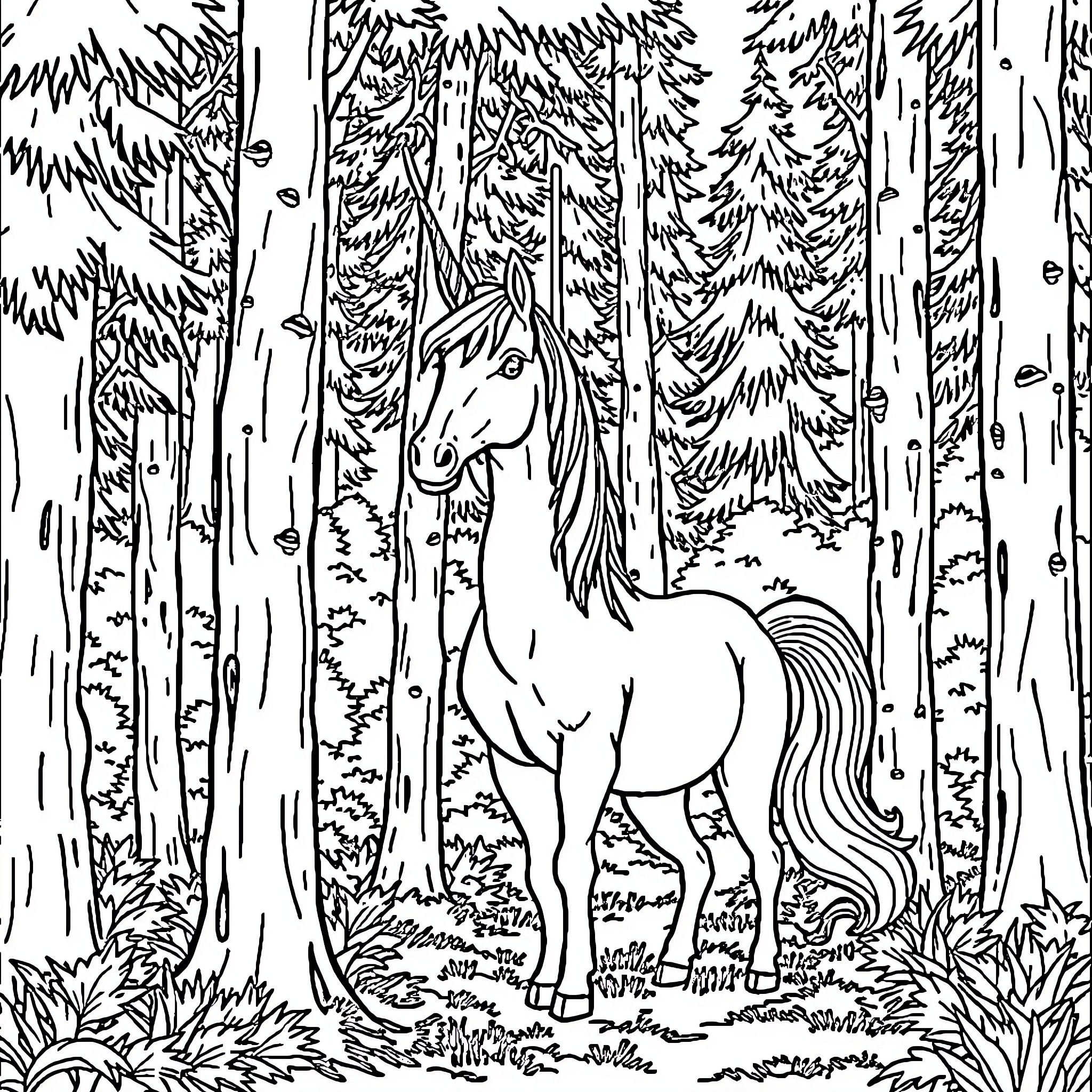 Unicorn standing in magical forest Coloring Page (free black-and-white line drawing printable PDF for all, from beginners to advanced learners, including children, teens, adults, and seniors)