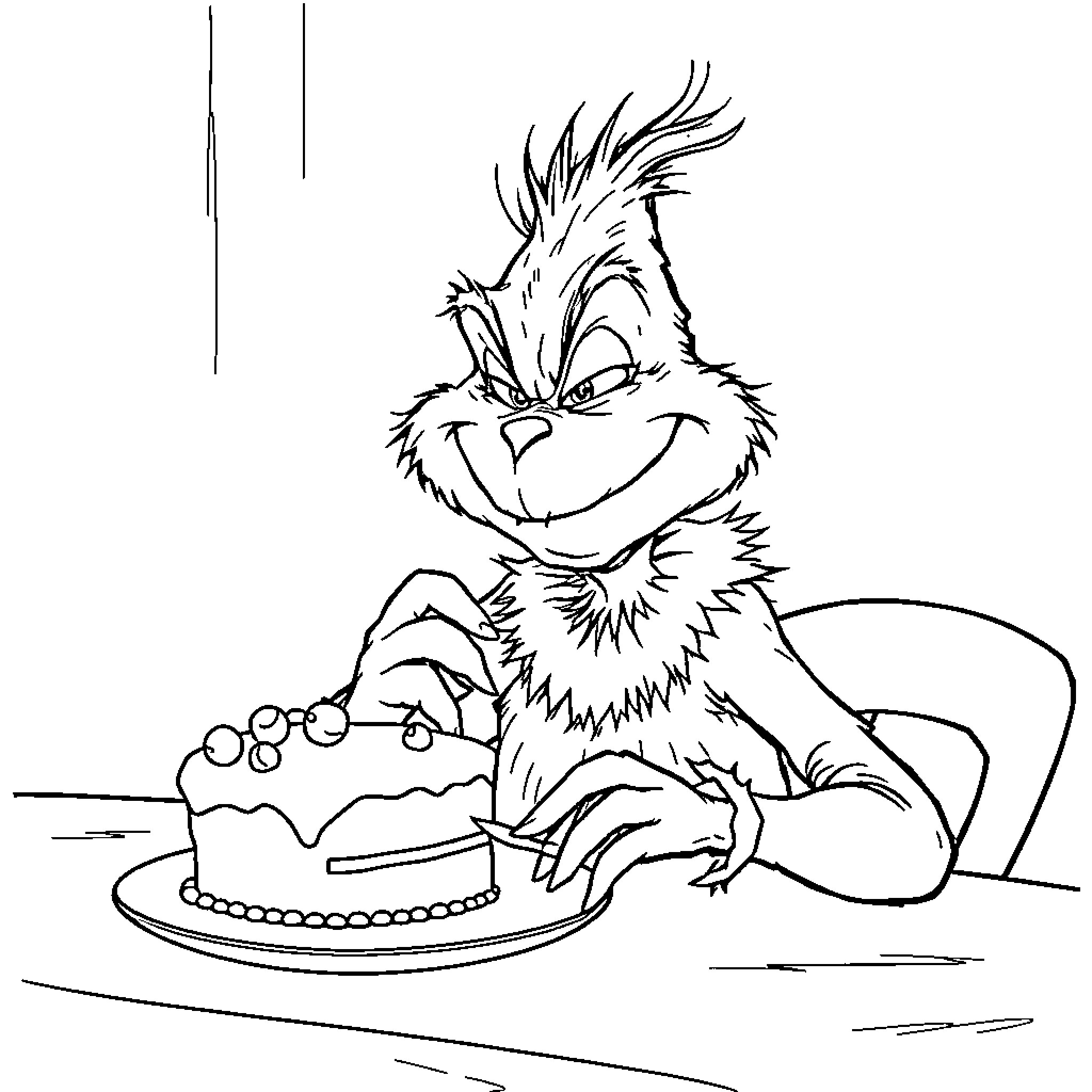Grinch eyeing a cake greedily Coloring Page (free black-and-white line drawing printable PDF for all, from beginners to advanced learners, including children, teens, adults, and seniors)