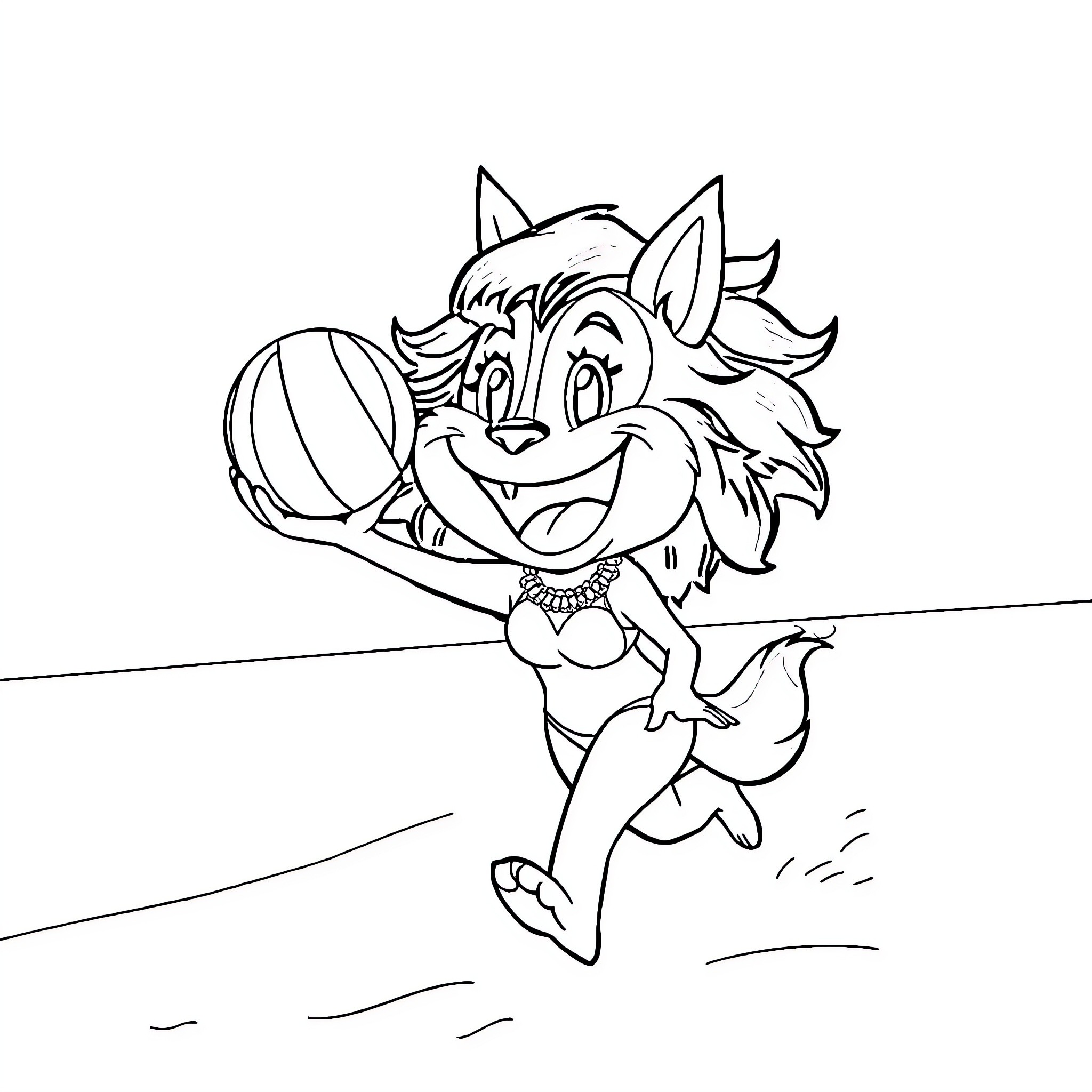 Loona playing joyfully with a beach ball Coloring Page (free black-and-white line drawing printable PDF for all, from beginners to advanced learners, including children, teens, adults, and seniors)