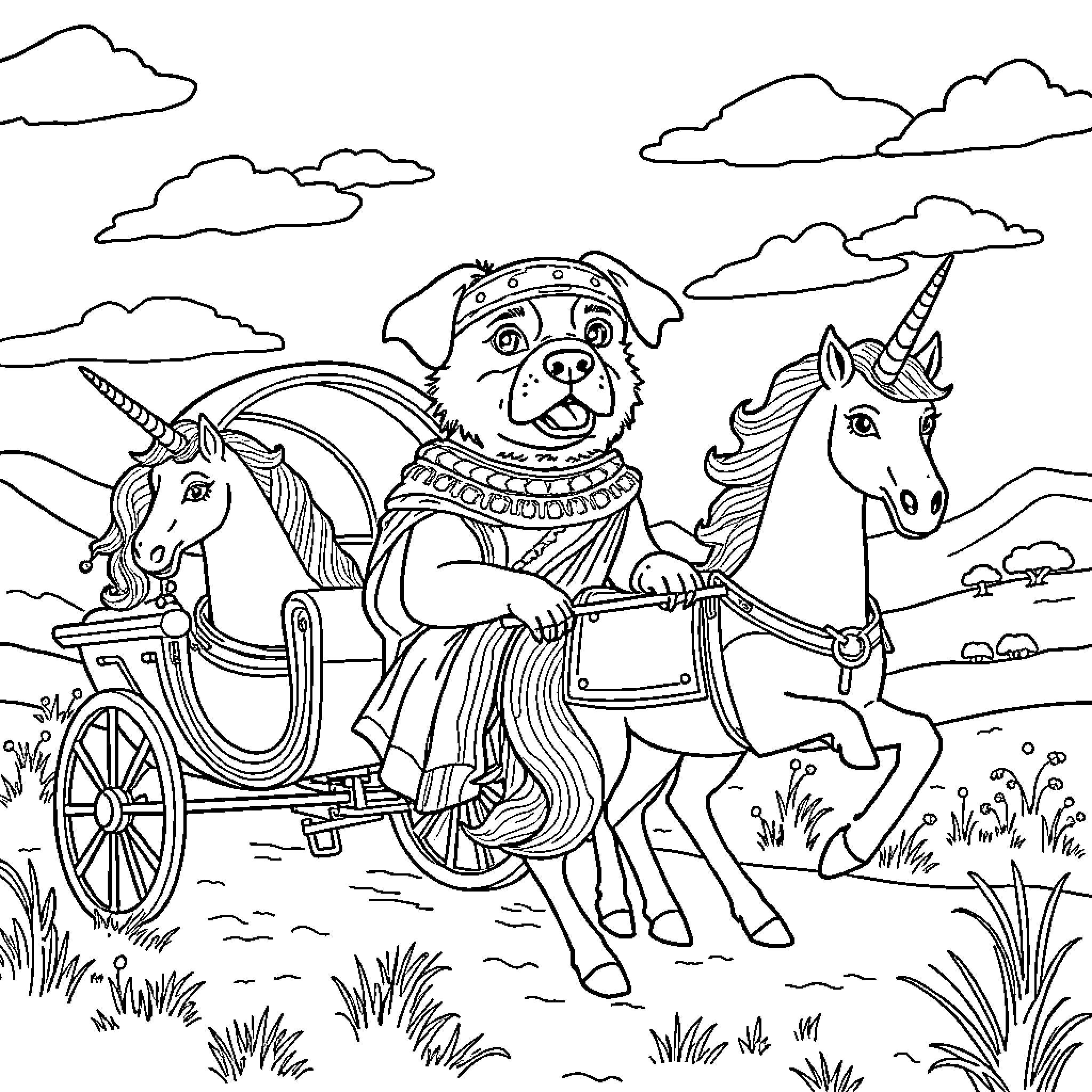 Dog riding unicorn carriage in fantastical landscape Coloring Page (free black-and-white line drawing printable PDF for all, from beginners to advanced learners, including children, teens, adults, and seniors)