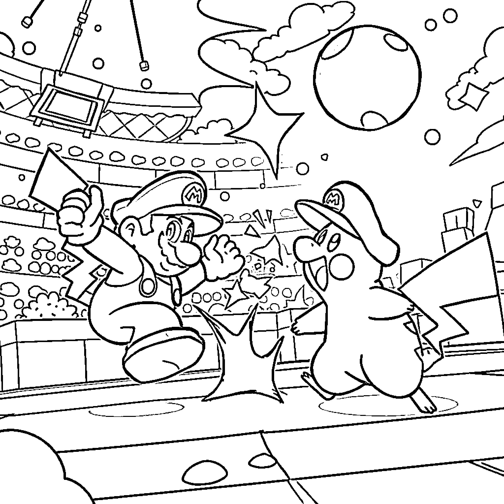 Pikachu and Mario explore the galaxy together Coloring Page (free black-and-white line drawing printable PDF for all, from beginners to advanced learners, including children, teens, adults, and seniors)