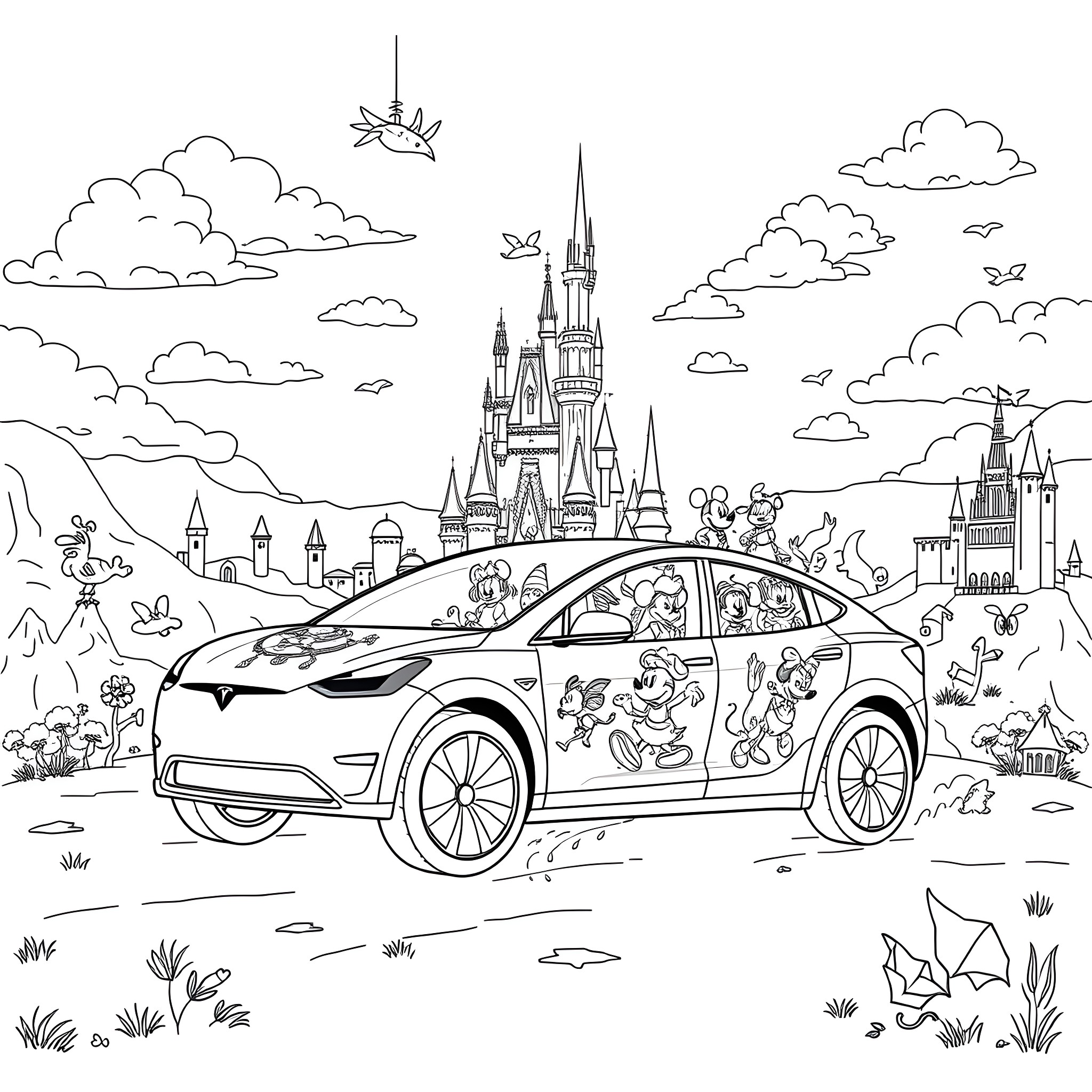 Tesla driving through a whimsical fantasy landscape Coloring Page (free black-and-white line drawing printable PDF for all, from beginners to advanced learners, including children, teens, adults, and seniors)