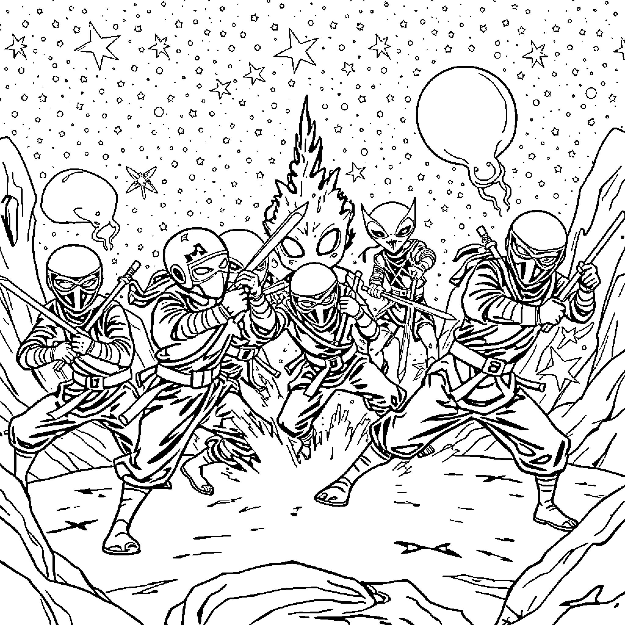 Ninja warriors in combat under starry sky Coloring Page (free black-and-white line drawing printable PDF for all, from beginners to advanced learners, including children, teens, adults, and seniors)