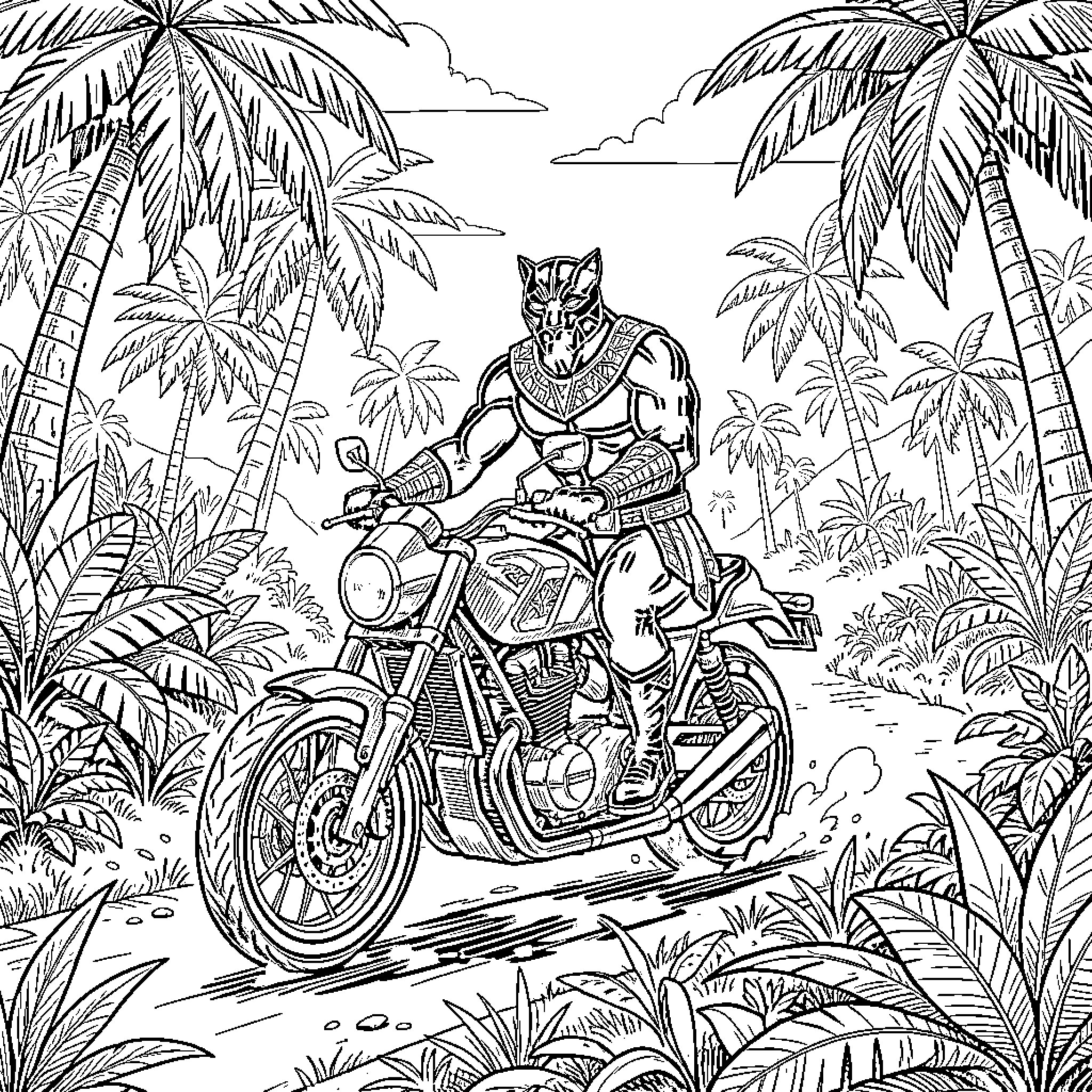 Black Panther riding a motorcycle through a tropical jungle Coloring Page (free black-and-white line drawing printable PDF for all, from beginners to advanced learners, including children, teens, adults, and seniors)