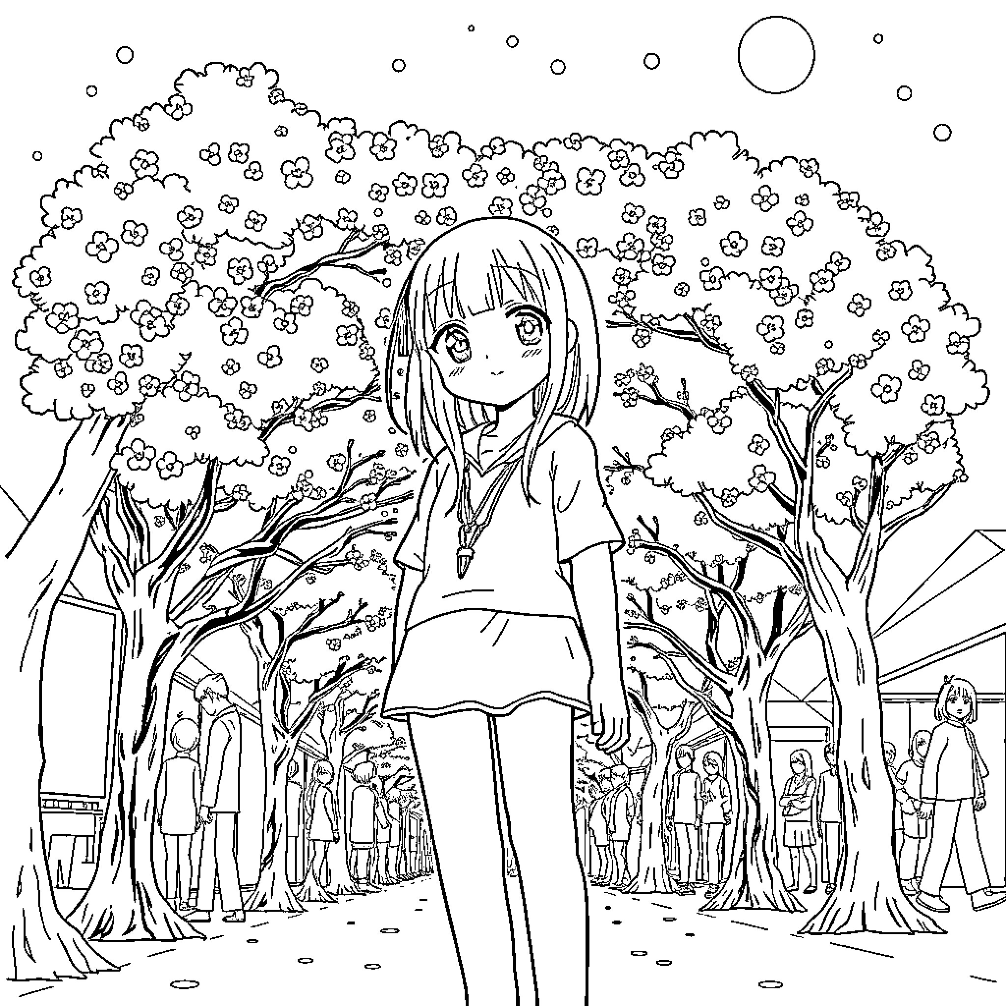 Sakura - Girl in Blooming Flower Meadow Coloring Page (free black-and-white line drawing printable PDF for all, from beginners to advanced learners, including children, teens, adults, and seniors)