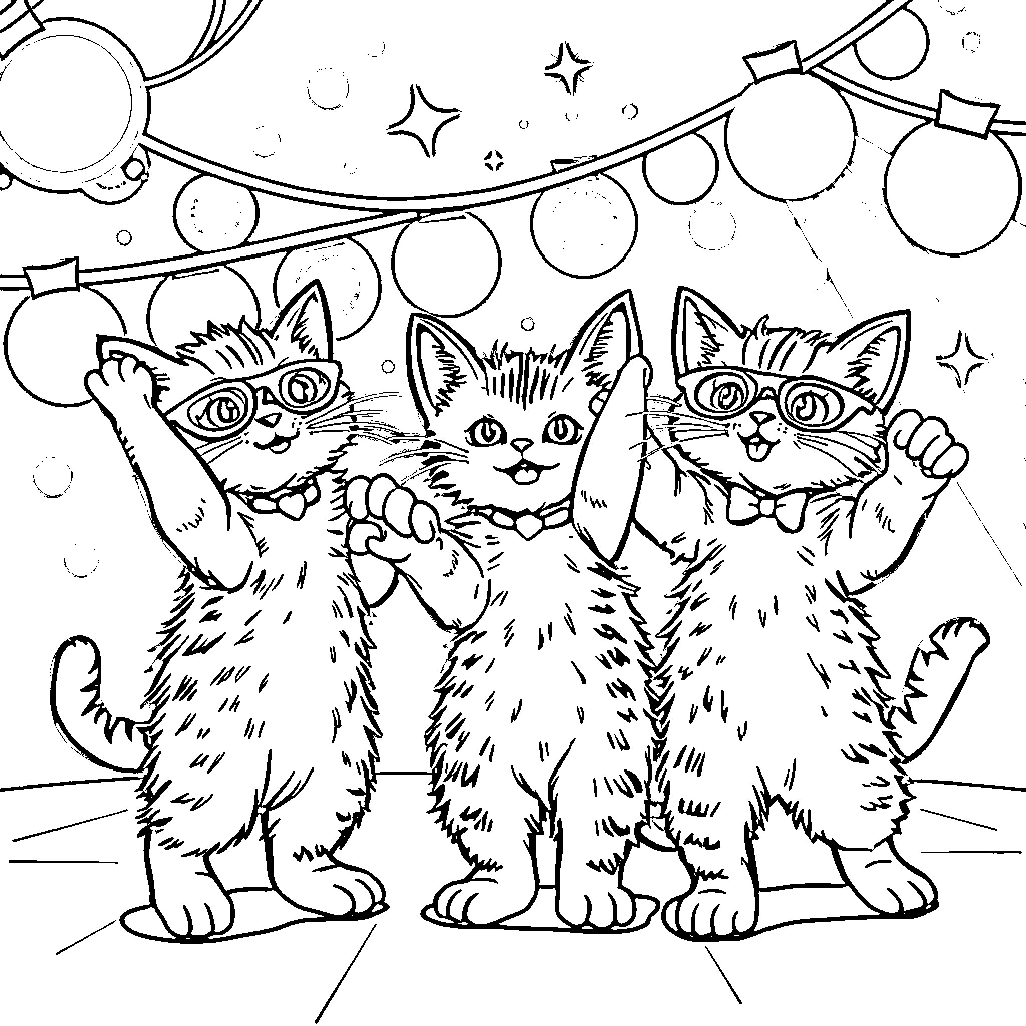 Kitty friends pose playfully with festive lights Coloring Page (free black-and-white line drawing printable PDF for all, from beginners to advanced learners, including children, teens, adults, and seniors)