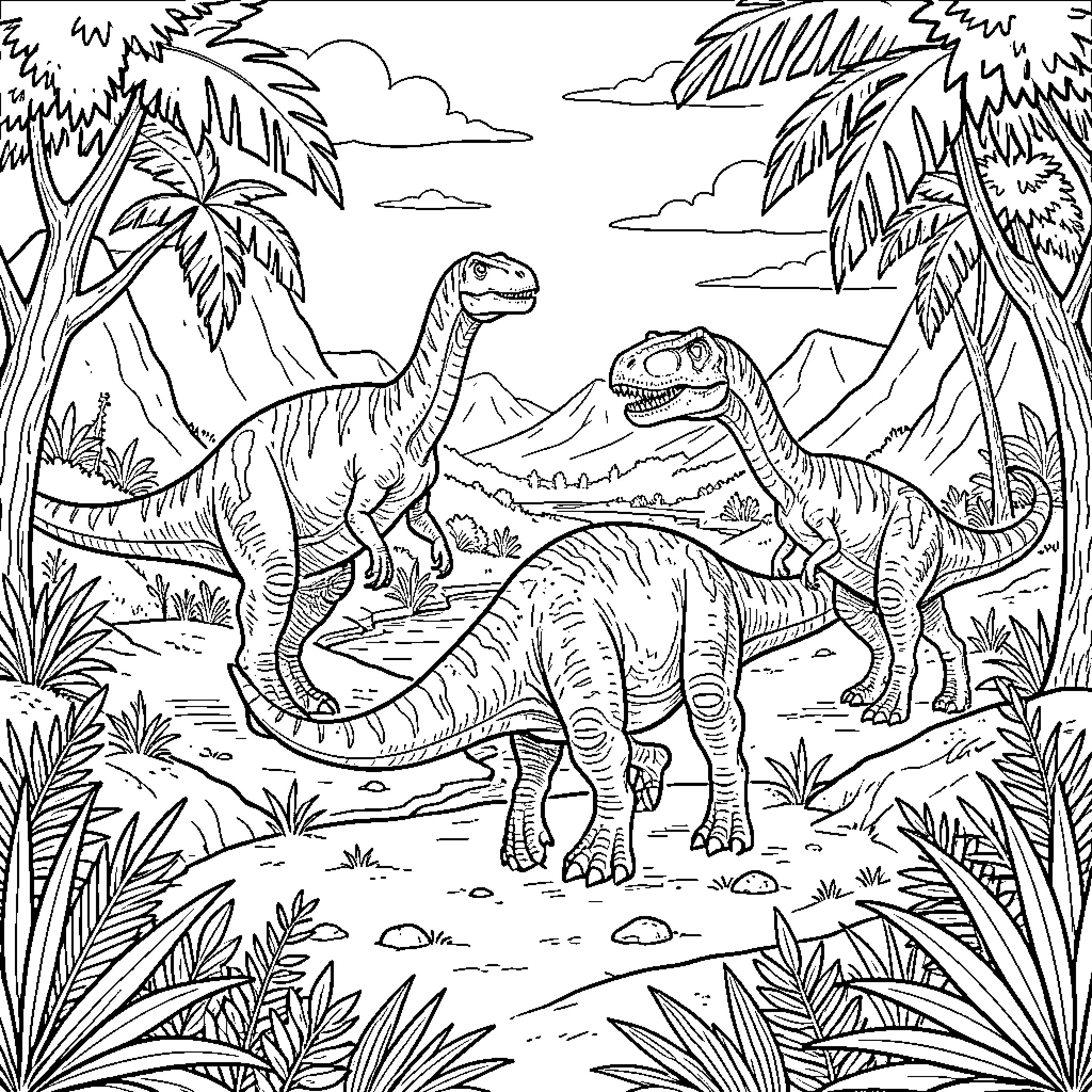 Dinosaur herd walking through a prehistoric jungle landscape Coloring Page (free black-and-white line drawing printable PDF for all, from beginners to advanced learners, including children, teens, adults, and seniors)