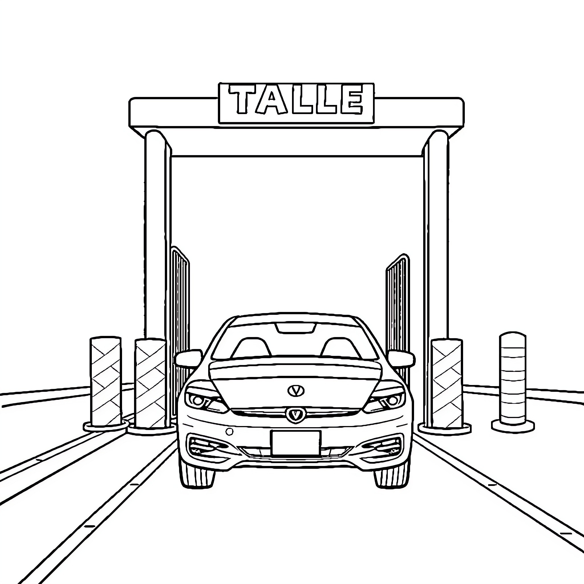 Car entering vehicle inspection station Coloring Page (free black-and-white line drawing printable PDF for all, from beginners to advanced learners, including children, teens, adults, and seniors)