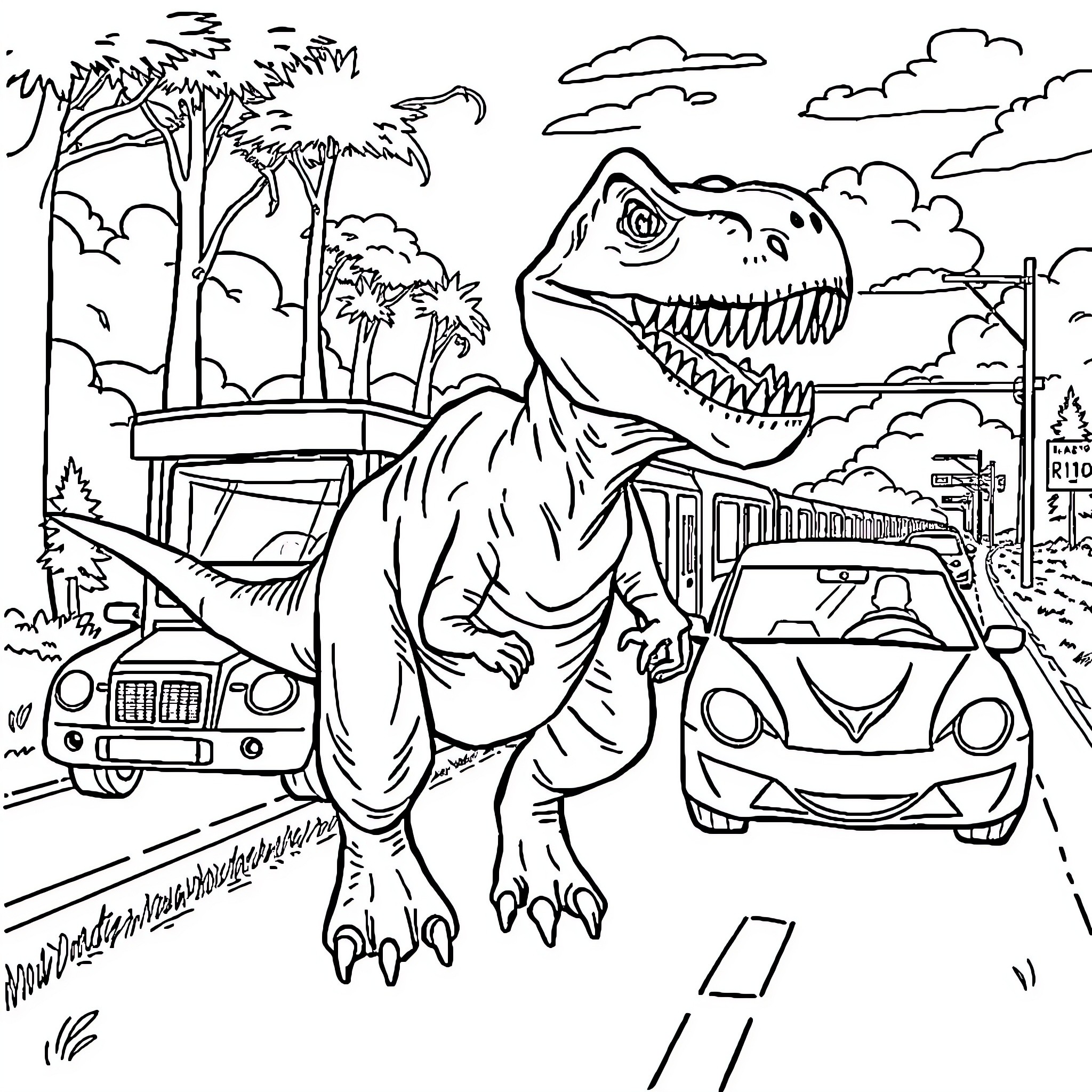 T-Rex chasing car on the road in the jungle Coloring Page (free black-and-white line drawing printable PDF for all, from beginners to advanced learners, including children, teens, adults, and seniors)