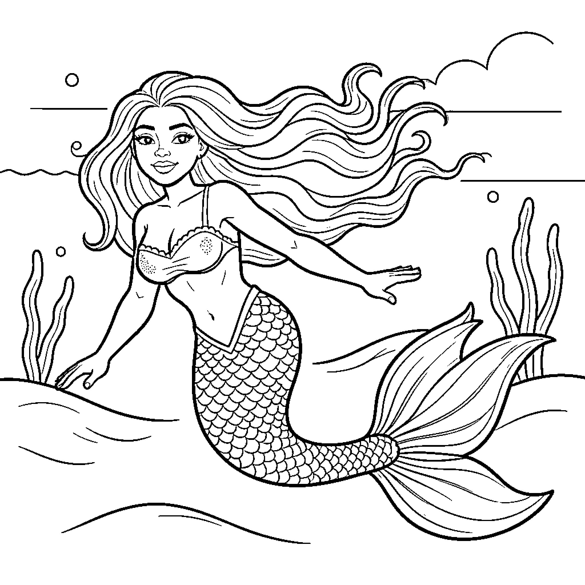 Mermaid swimming gracefully through the ocean waves Coloring Page (free black-and-white line drawing printable PDF for all, from beginners to advanced learners, including children, teens, adults, and seniors)