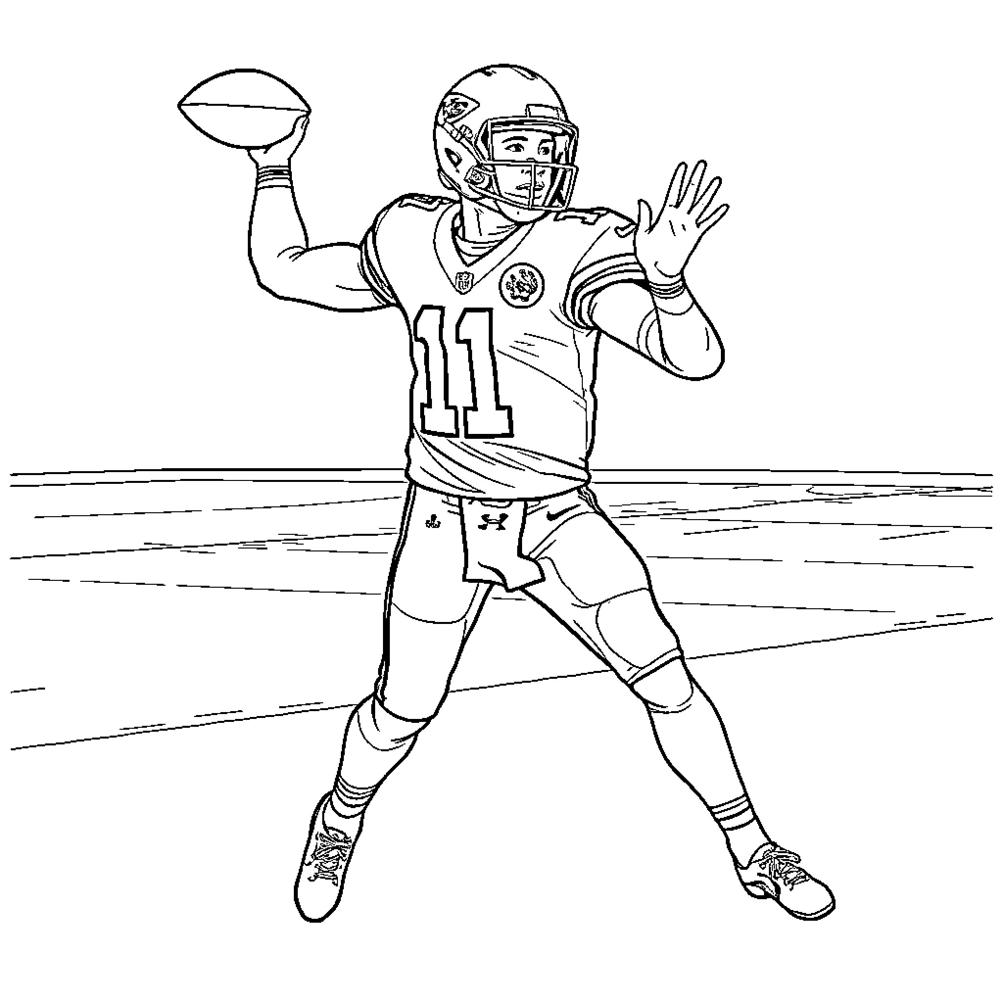 Patrick Mahomes preparing to throw football on field Coloring Page (free black-and-white line drawing printable PDF for all, from beginners to advanced learners, including children, teens, adults, and seniors)