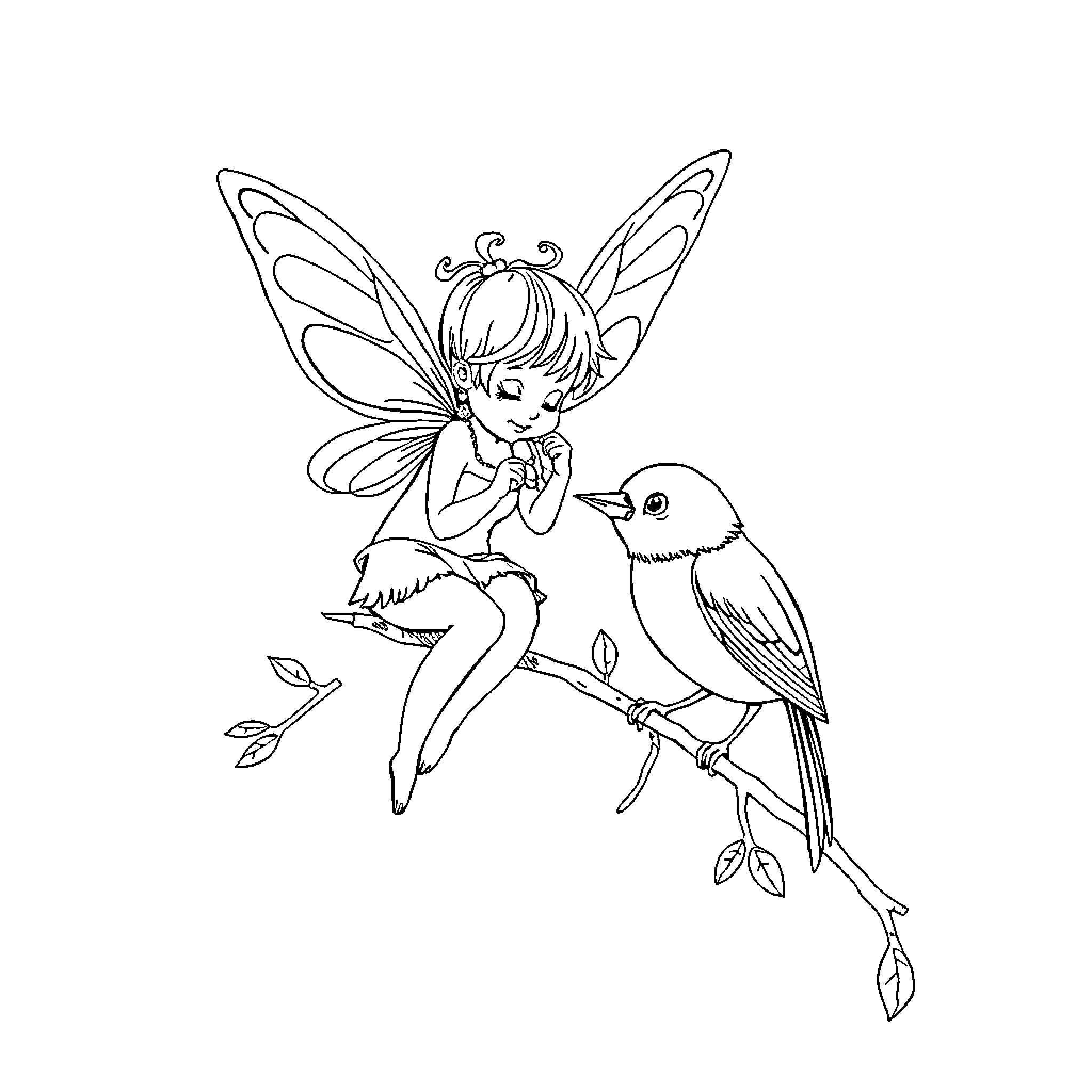 Fairy interacting with a bird in the forest Coloring Page (free black-and-white line drawing printable PDF for all, from beginners to advanced learners, including children, teens, adults, and seniors)