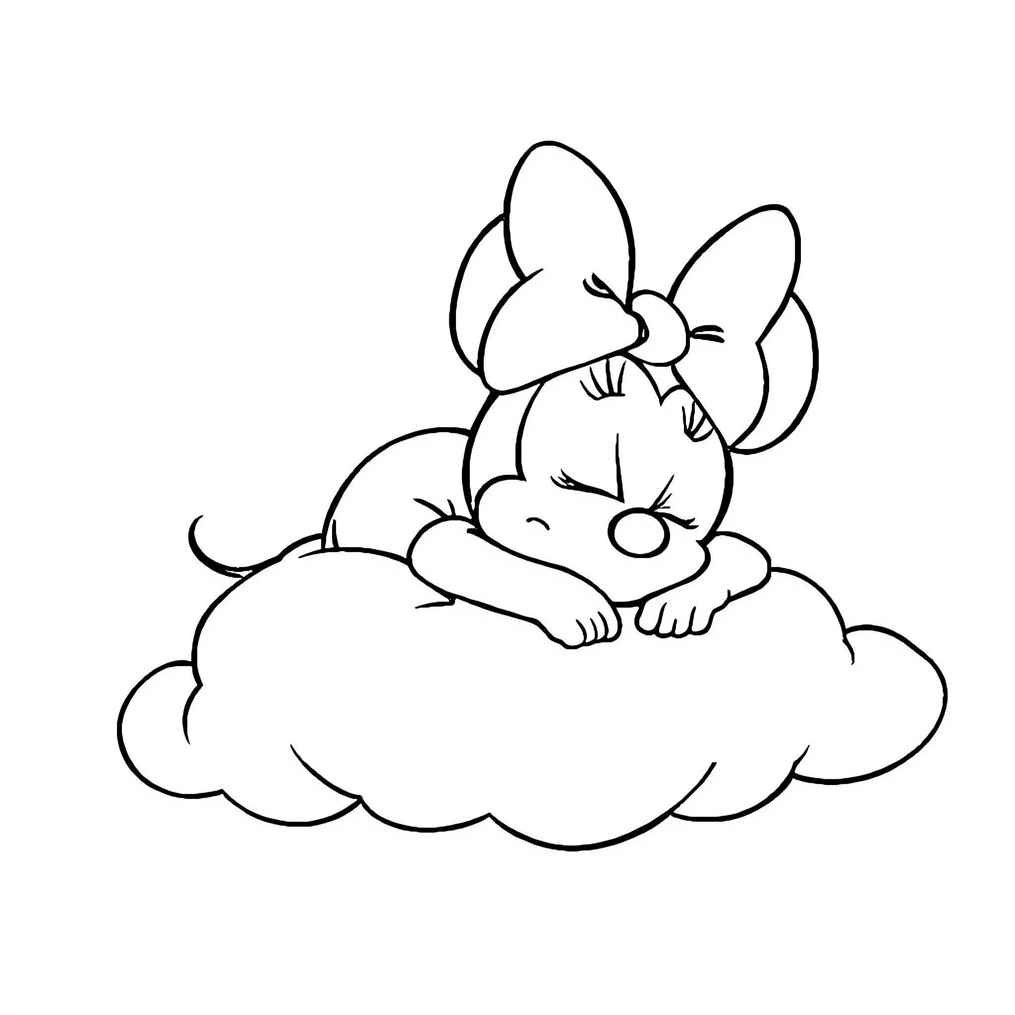 Minnie relaxing on a cloud Coloring Page (free black-and-white line drawing printable PDF for all, from beginners to advanced learners, including children, teens, adults, and seniors)