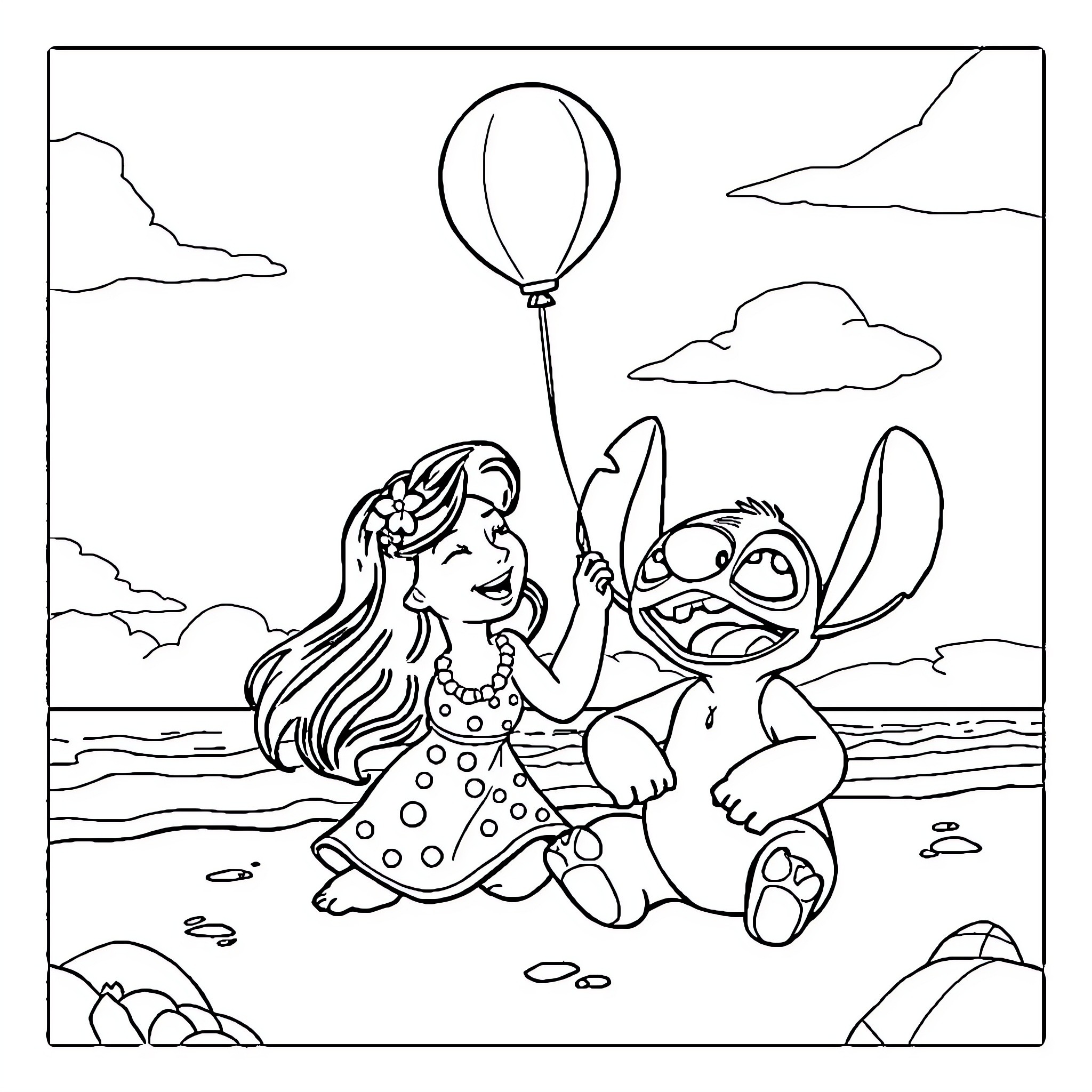 Lilo and Stitch's Seaside Adventure Coloring Page (free black-and-white line drawing printable PDF for all, from beginners to advanced learners, including children, teens, adults, and seniors)